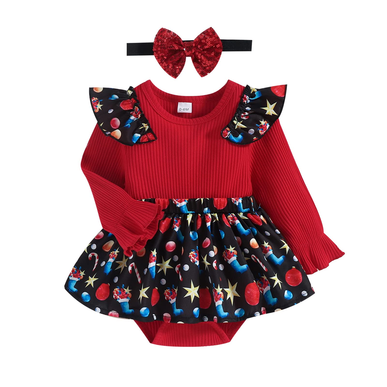 Christmas Newborn Baby Girl Cute Print Patchwork Long Sleeve Ribbon Romper Outfit - Soft Casual Infant Clothes for Holiday Photos, Family Gatherings & Winter Outings