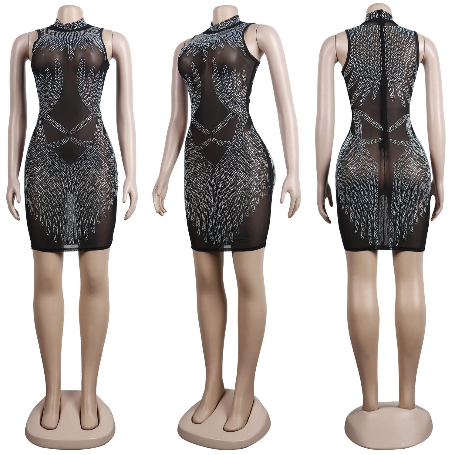 PORRCEY Women's Rhinestone Sleeveless Party Dress - Sexy Elegant Clubwear for Night Out, Evening Gown, Prom or Cocktail Party