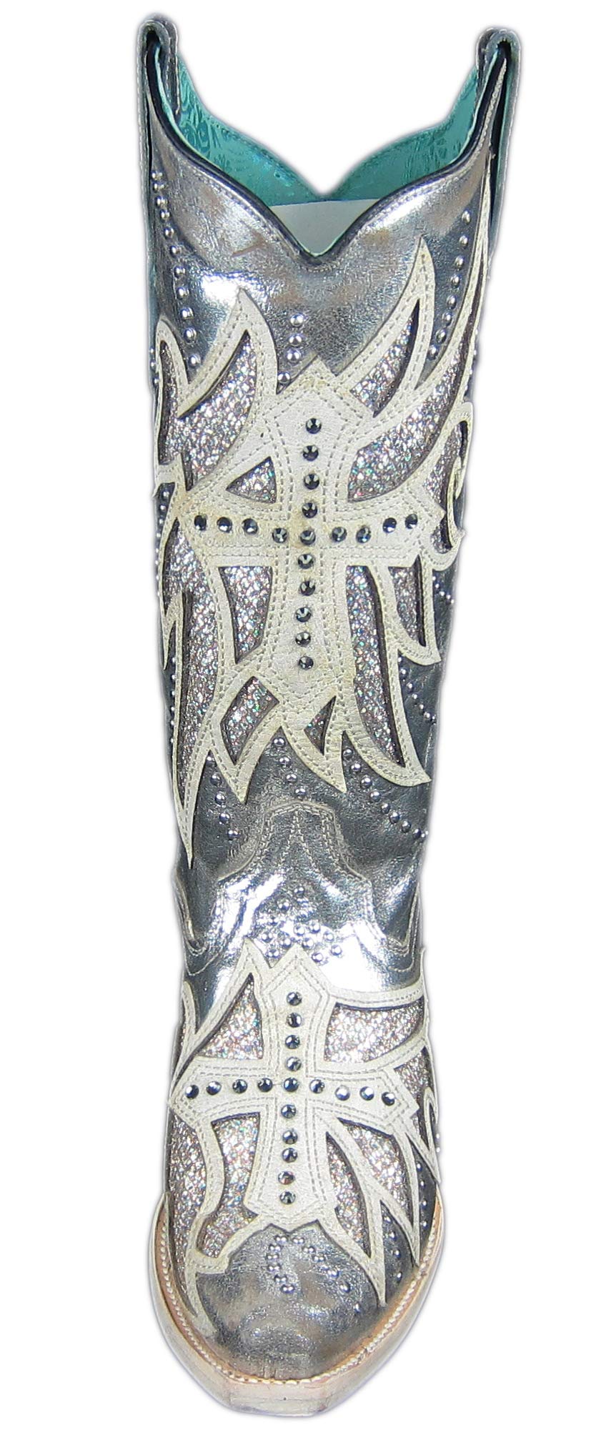 **Women's Corral Boots with Laser Inlay & Embroidered Studs - Silver (Size 7 B(M) US) | Perfect for Western Fashion, Country Concerts & Cowgirl Style**