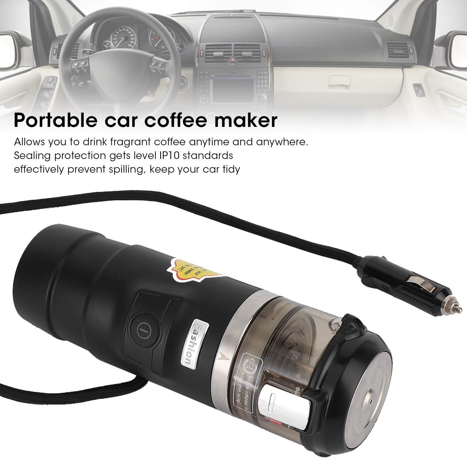 12V Portable Car Coffee Maker - 65ML Electric Espresso Machine with Auto Shutoff & Boil Dry Protection | Perfect for Travel, Camping & Road Trips | Compact Black Design with Cigarette Lighter Power Supply
