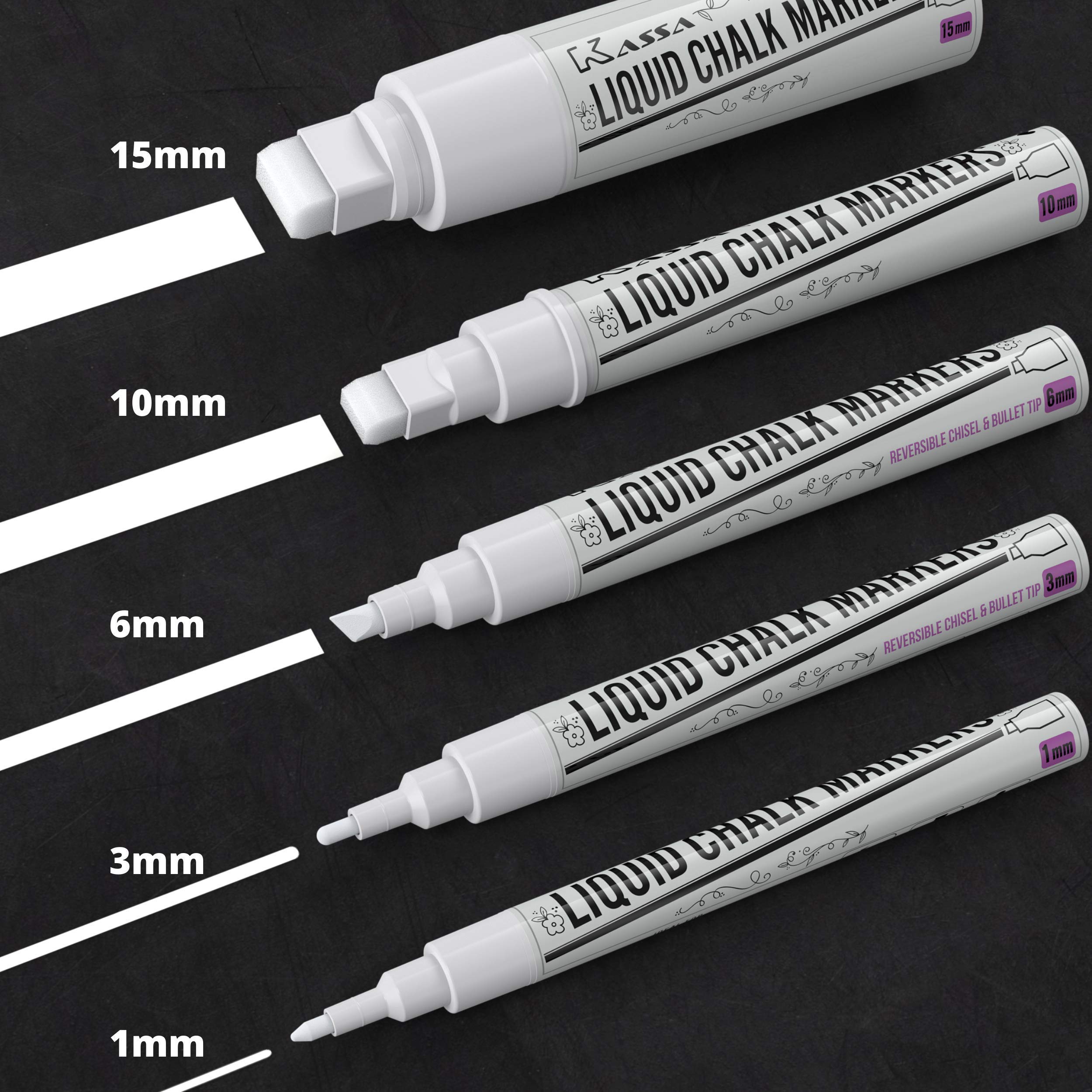 Kassa Chisel and Bullet Dual Tip Marking Pen Set - 10 Pack Neon Chalk Markers (6mm Tip) & 5 White Chalkboard Pens (Assorted Sizes) - Perfect for Whiteboards, Glass Writing, Signage, and DIY Crafts