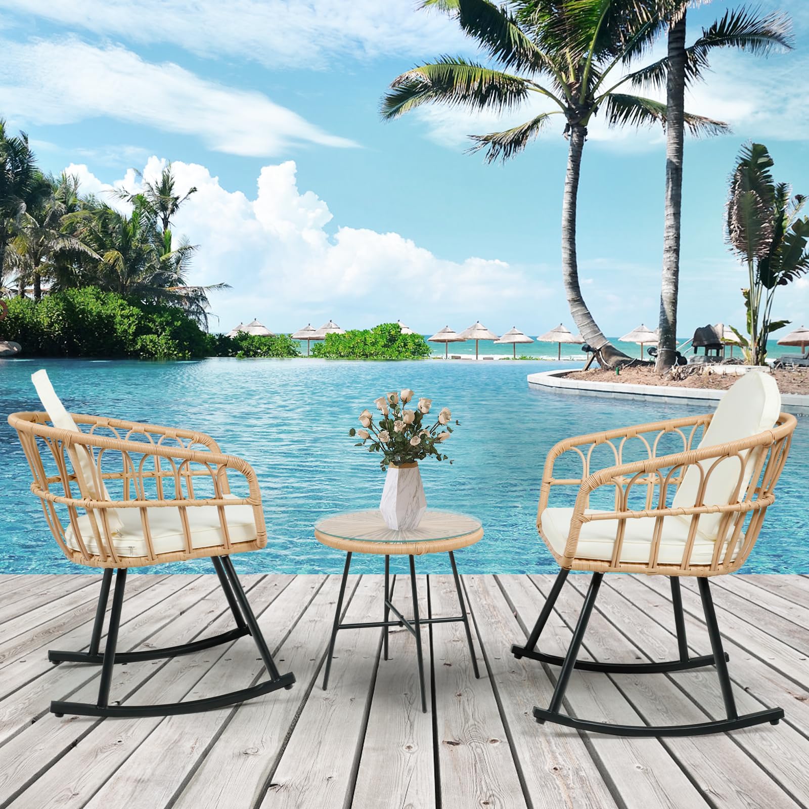 Vikiullf 3-Piece Wicker Rocking Chair Set with Thickened Cushions - Boho Rattan Patio Furniture for Outdoor, Garden, Balcony & Living Room - Perfect for Relaxing, Lounging & Conversation Areas