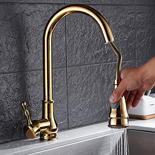 Gold Single Handle Pull Out Kitchen Faucet for Sink - Modern Sprayer Design