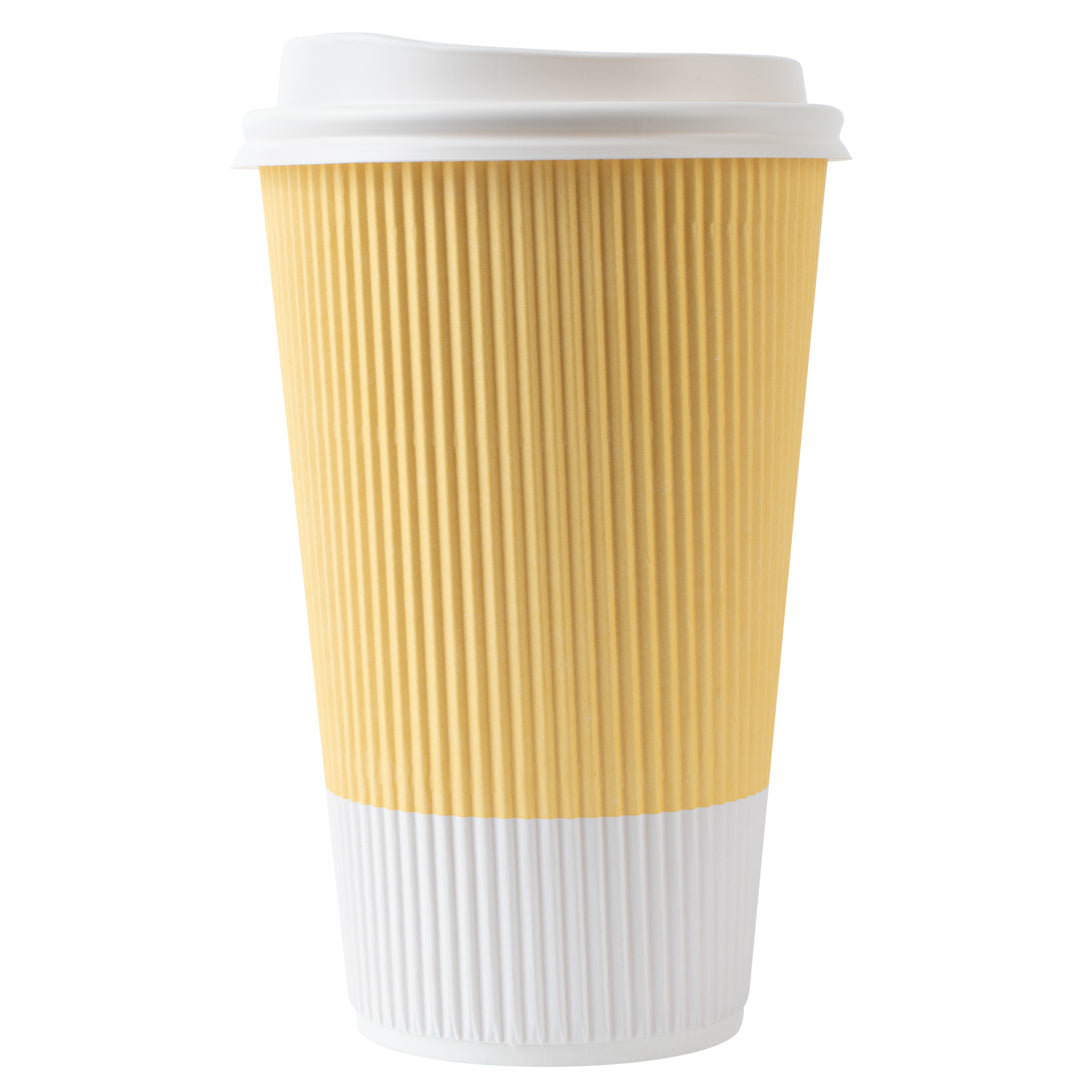16 oz Light Yellow Ripple Wall Paper Coffee Cups with White Lids - 20 Count Bulk Pack (3.5