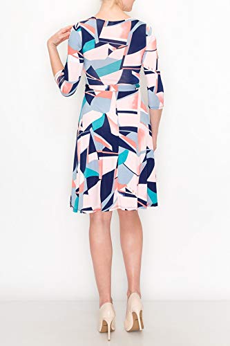 Women's Navy Blue 3/4 Sleeve Faux Wrap Midi Dress - Knee Length Summer Dress for Wedding Guest, Party, Bridal Shower & Maternity Nursing | Made in USA | Comfortable & Stylish for Office, Date Night & Special Occasions