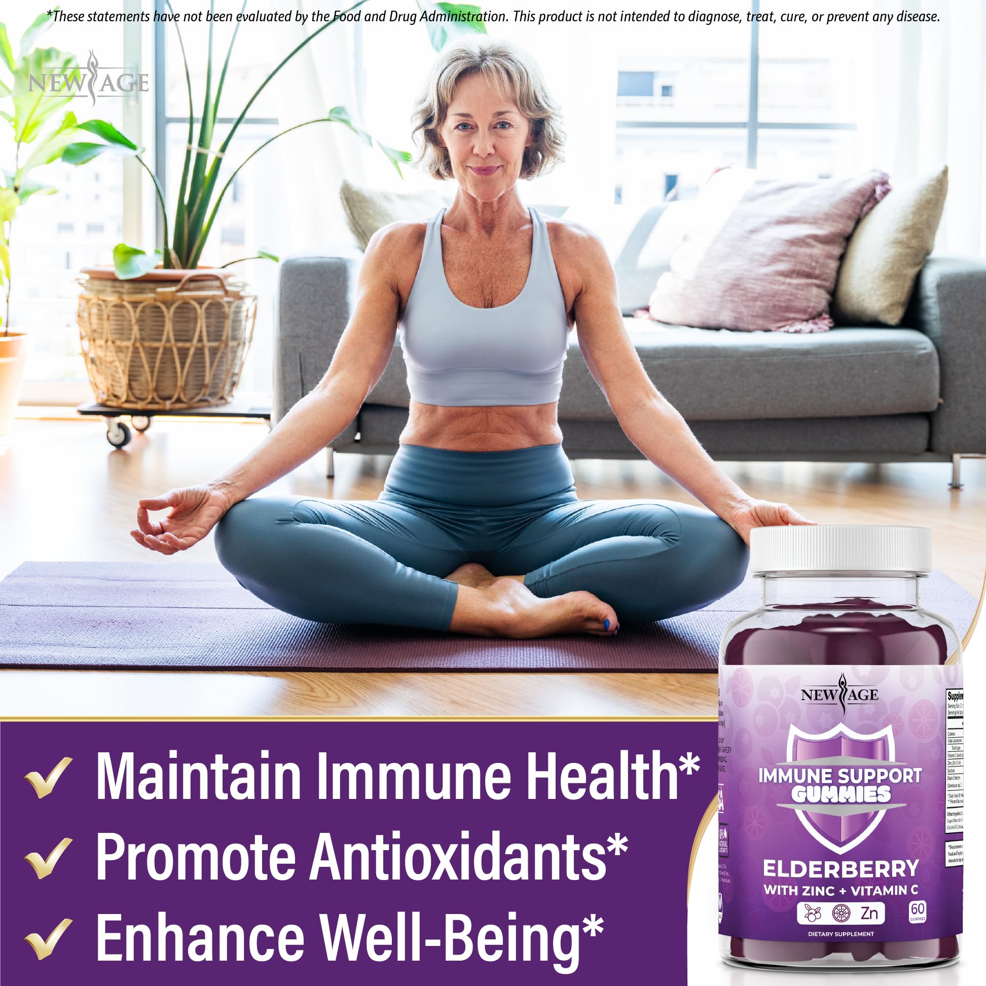 NEW AGE Immune System Support Gummies - Sambucus Black Elderberry Gummies with Vitamin C & Zinc for Immunity Boost (120 Count) | Daily Immune Support Supplement for Adults & Kids | Perfect for Cold & Flu Season