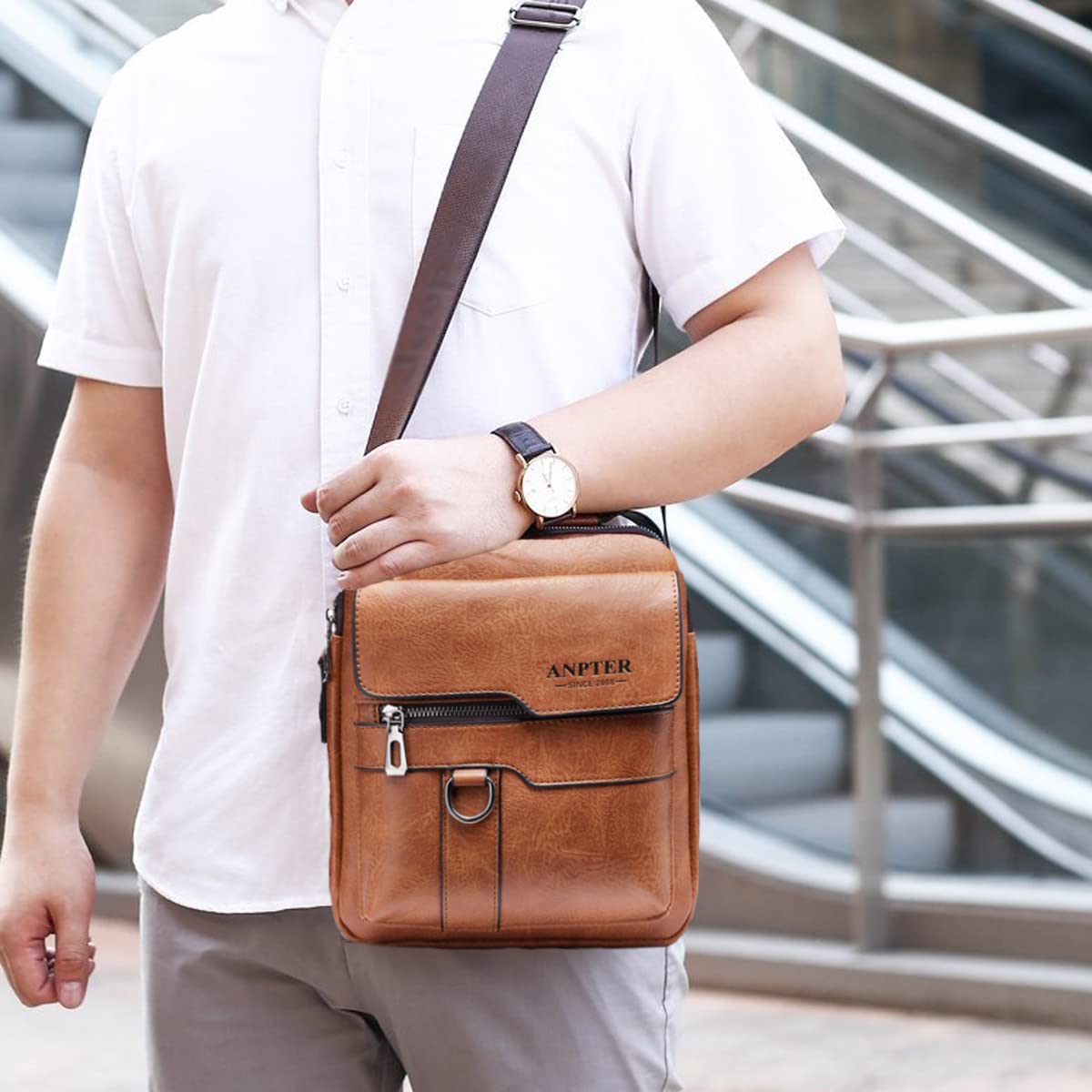 ANPTER Men's PU Leather Messenger Bag - Crossbody Shoulder Bag for School, Travel, Work & Hiking - Durable Sling Satchel for Daily Use (Brown) - Perfect for Commuting, Business Trips & Outdoor Adventures