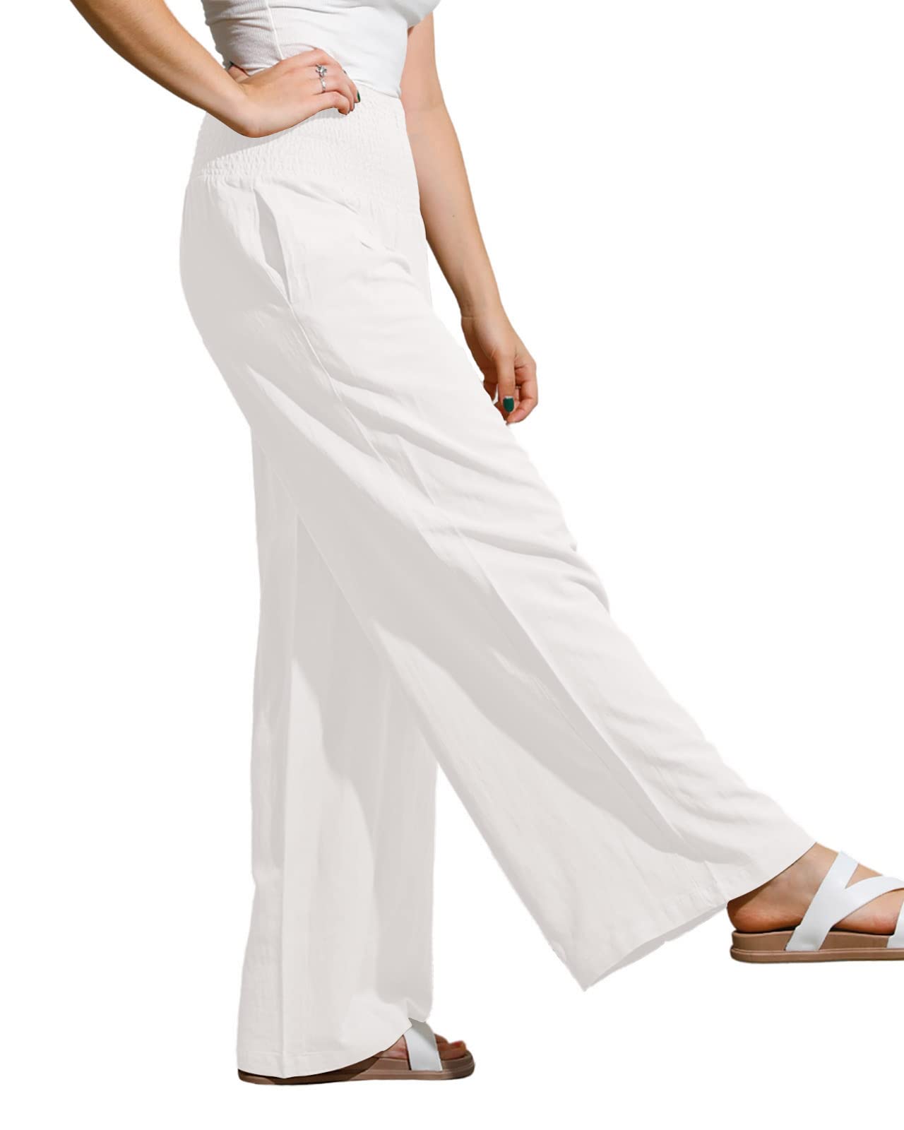 UTCoco Women's Wide Leg Linen Palazzo Pants - Casual Elastic Waist Loose Fit Trousers for Summer, Beach & Boho Style Outfits