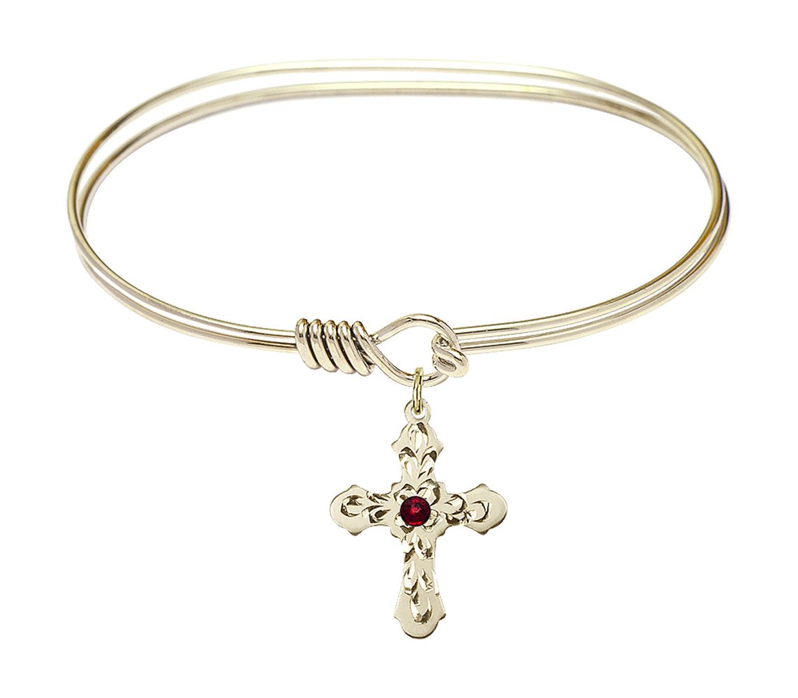 7 Inch Oval Eye Hook Bangle Bracelet with Cross Medal Charm & January Red Crystal - Elegant Jewelry for Women, Perfect for Daily Wear, Parties, and Gifts