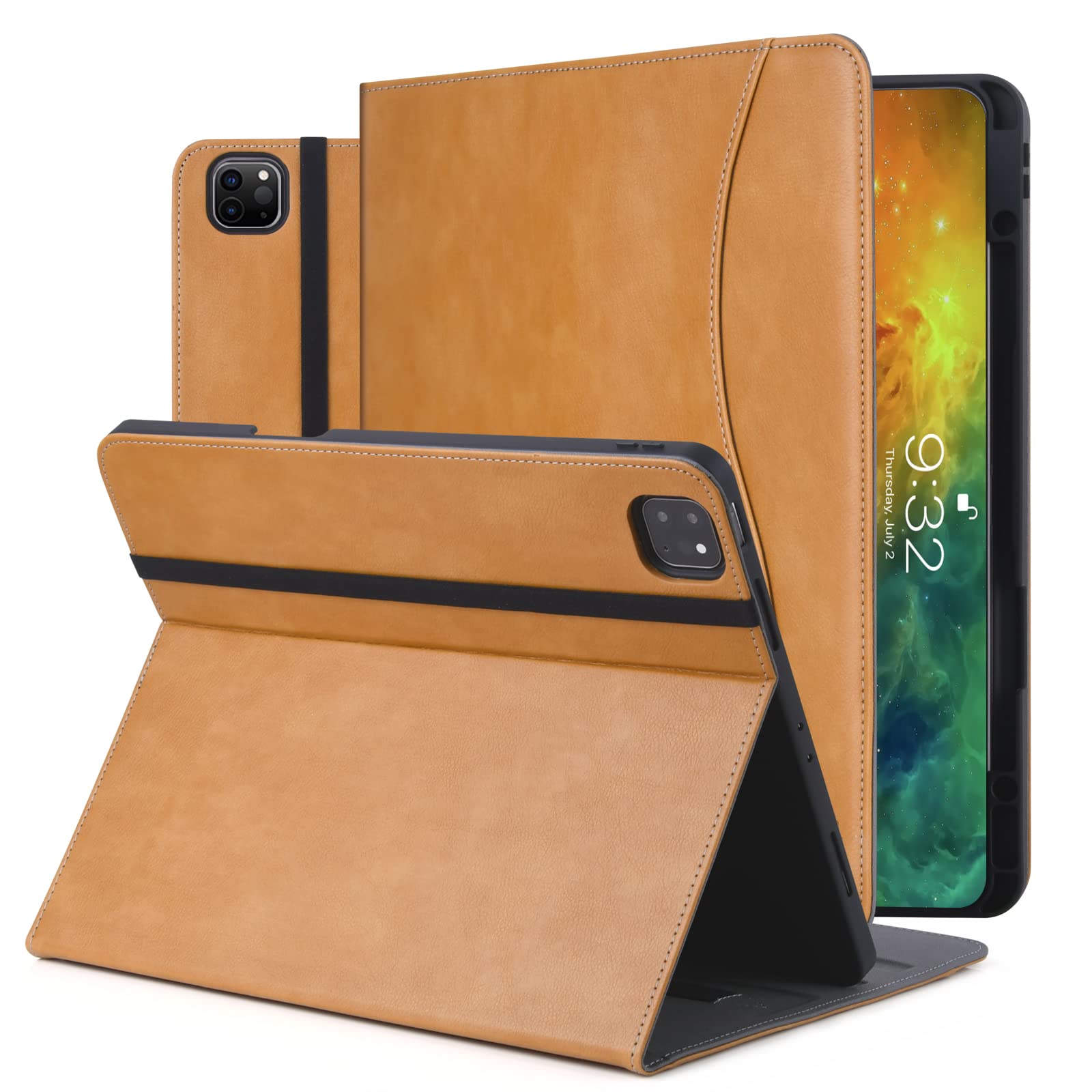 HFcoupe iPad Pro 12.9 Case 6th/5th Gen (2022/2021) - Premium Flip Folio Protective Cover with Pencil Holder, Storage Pocket & Auto Sleep/Wake | Multi-Angle Viewing | Perfect for Work, Study & Travel (Camel)