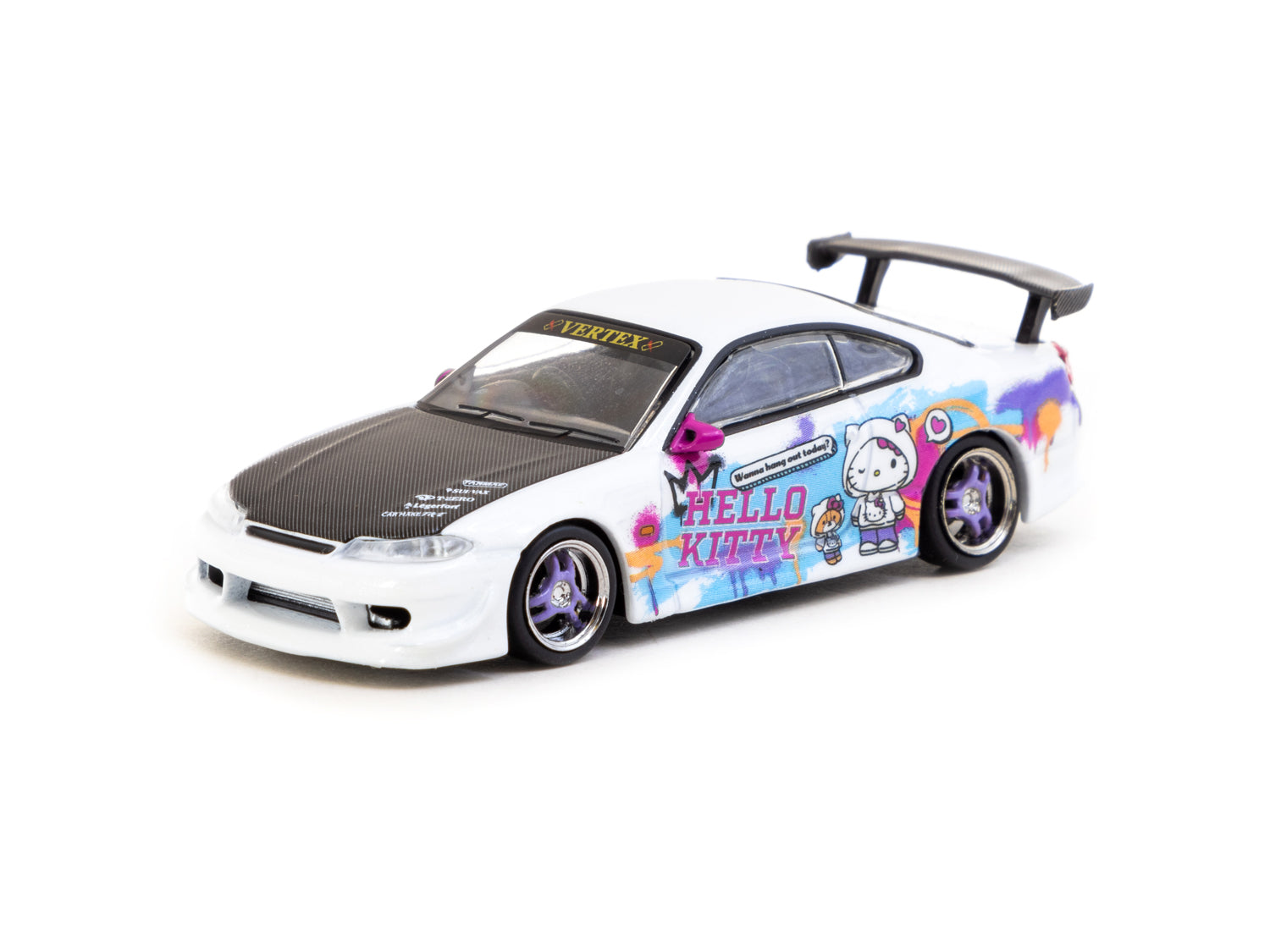 Tarmac Works 1/64 Scale VERTEX Nissan Silvia S15 Hello Kitty Drift Car - Limited Indonesia Special Edition Diecast Model for Collectors | Perfect for Display, Racing Games & Anime Car Enthusiasts