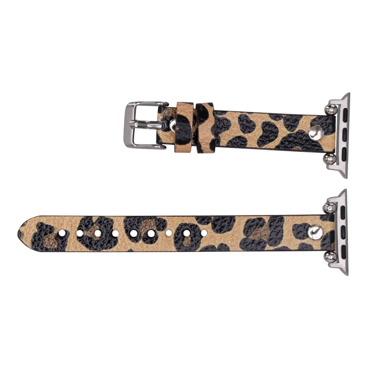 Leopard Print Genuine Leather Ultra Slim Apple Watch Band with Silver Rivets - Stylish & Durable Replacement Strap for Workouts, Office & Everyday Wear
