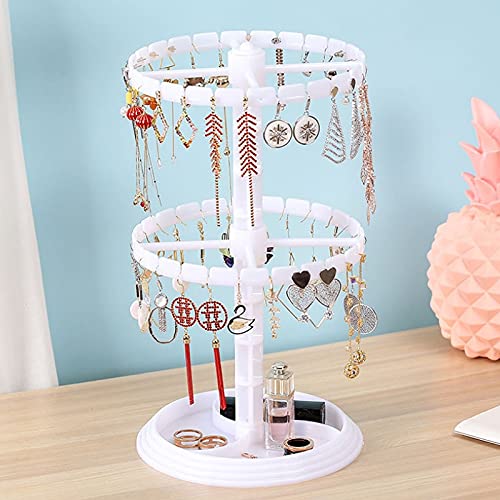 ZYM205 Clear Rotating Jewelry Organizer Stand - Plastic Jewelry Display Rack with Dish Holder for Earrings, Necklaces, Bracelets & Pendants - Perfect for Bedroom Vanity, Closet Organization & Retail Store Displays (White)