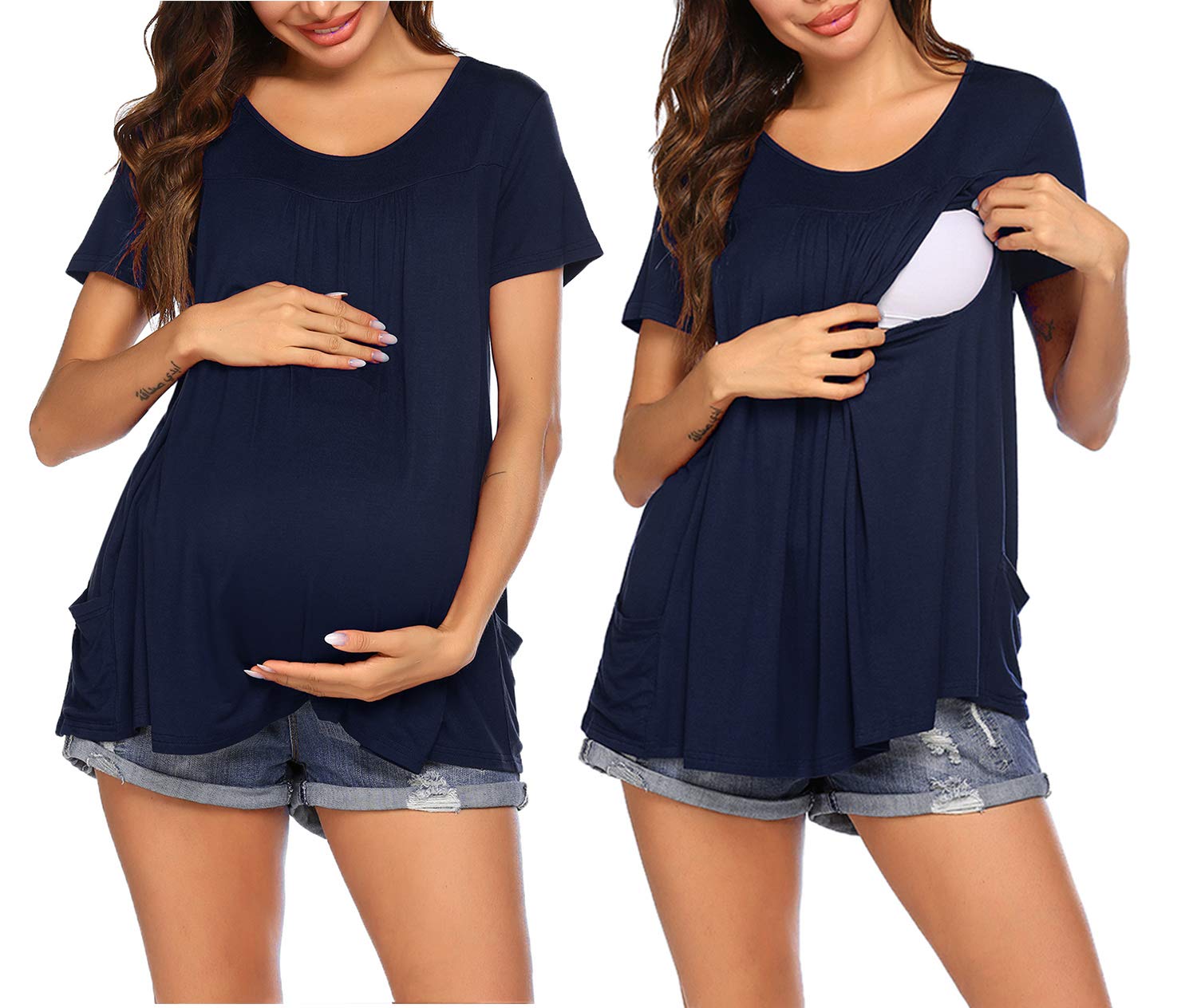 Ekouaer Women's Nursing Maternity Shirt - Soft Double Layer Breastfeeding Top with Pockets - Comfortable Short Sleeve Pregnancy T-Shirt for Nursing Moms at Home or Outdoors