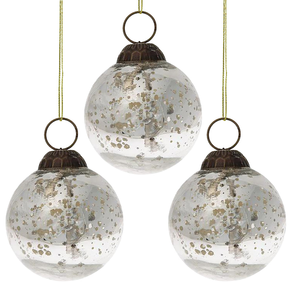 3 Pack Silver Ava Mercury Glass Ball Ornaments - 2.5 Inch Shiny Christmas Tree Decorations for Holiday Home & Party Decor