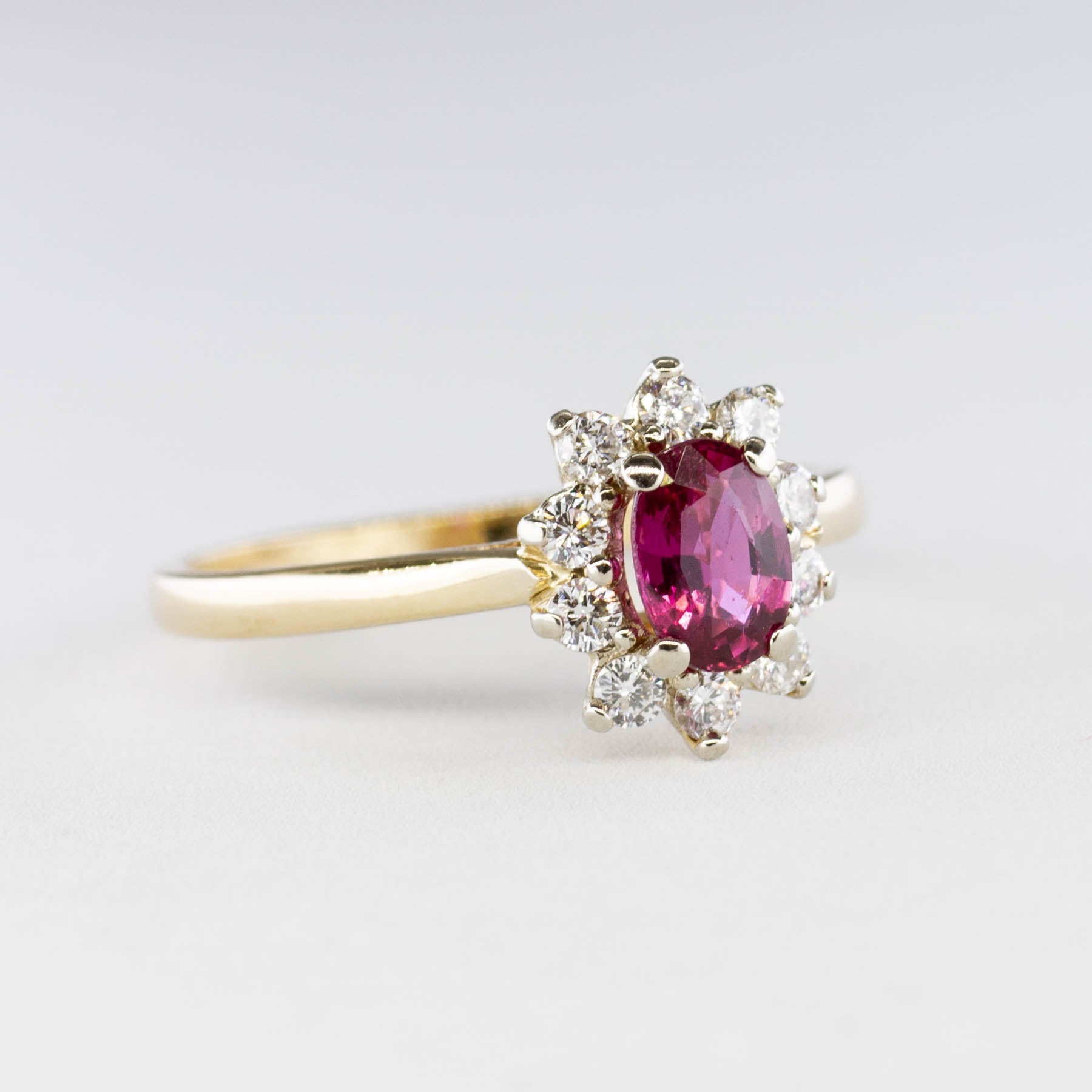 Birks Oval Ruby and Diamond Halo Ring | 0.50ct Ruby with 0.25ctw Diamond Accents | Size 6 | Elegant Engagement & Anniversary Jewelry Gift