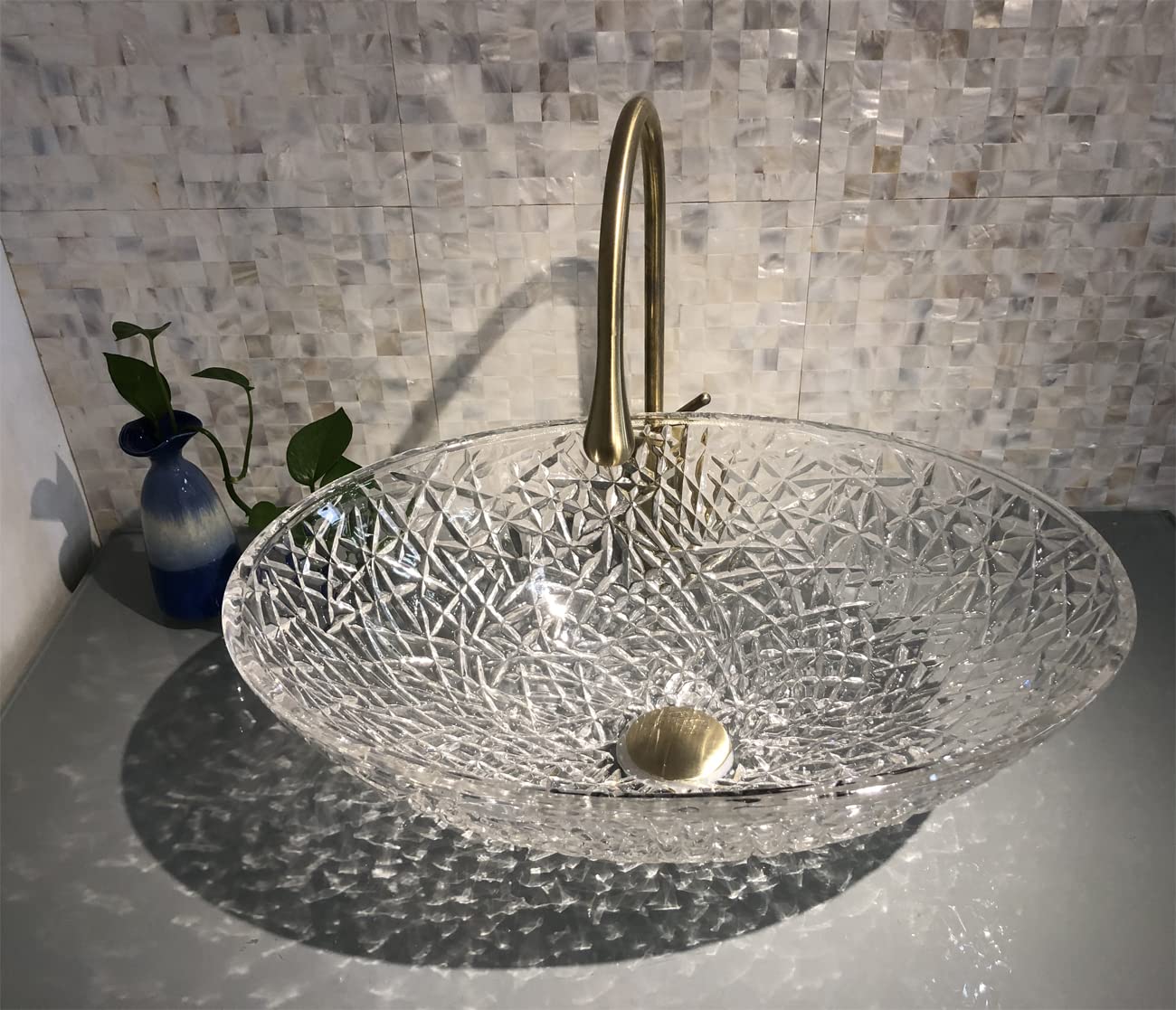 Premium Crystal Glass Vessel Sink - Oval Ice Clear Bathroom Vanity Countertop Sink with Pop-Up Drain | Glossy Surface Finish | Modern Luxury for Spa, Hotel & Upscale Home Bathrooms | FW-LA619