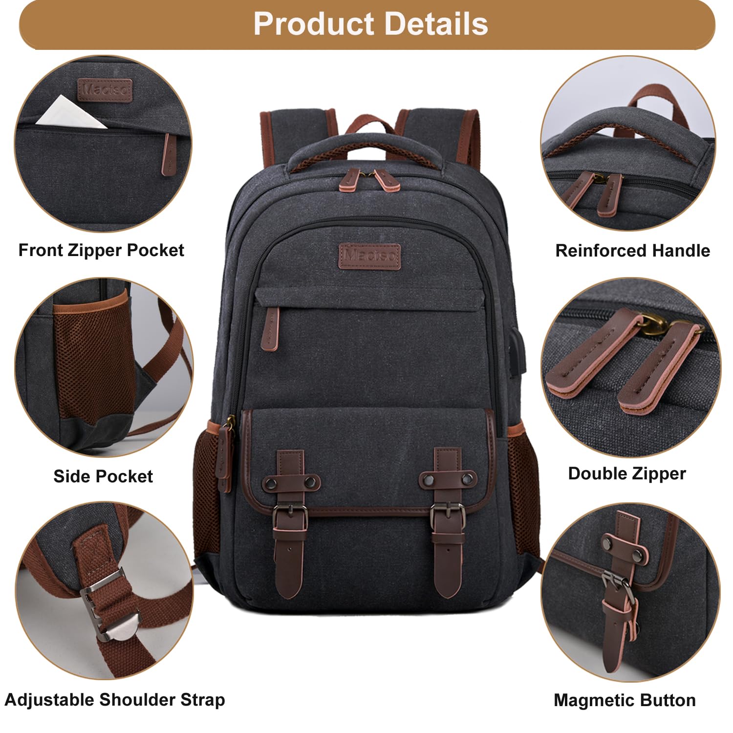 Mactso 17.3 Inch Canvas Laptop Backpack for Men & Women - Business Travel, College & Work Computer Bag with USB Charging Port - Fits 17.3 Inch Notebook (Black) | Perfect for Commuting, School & Business Trips