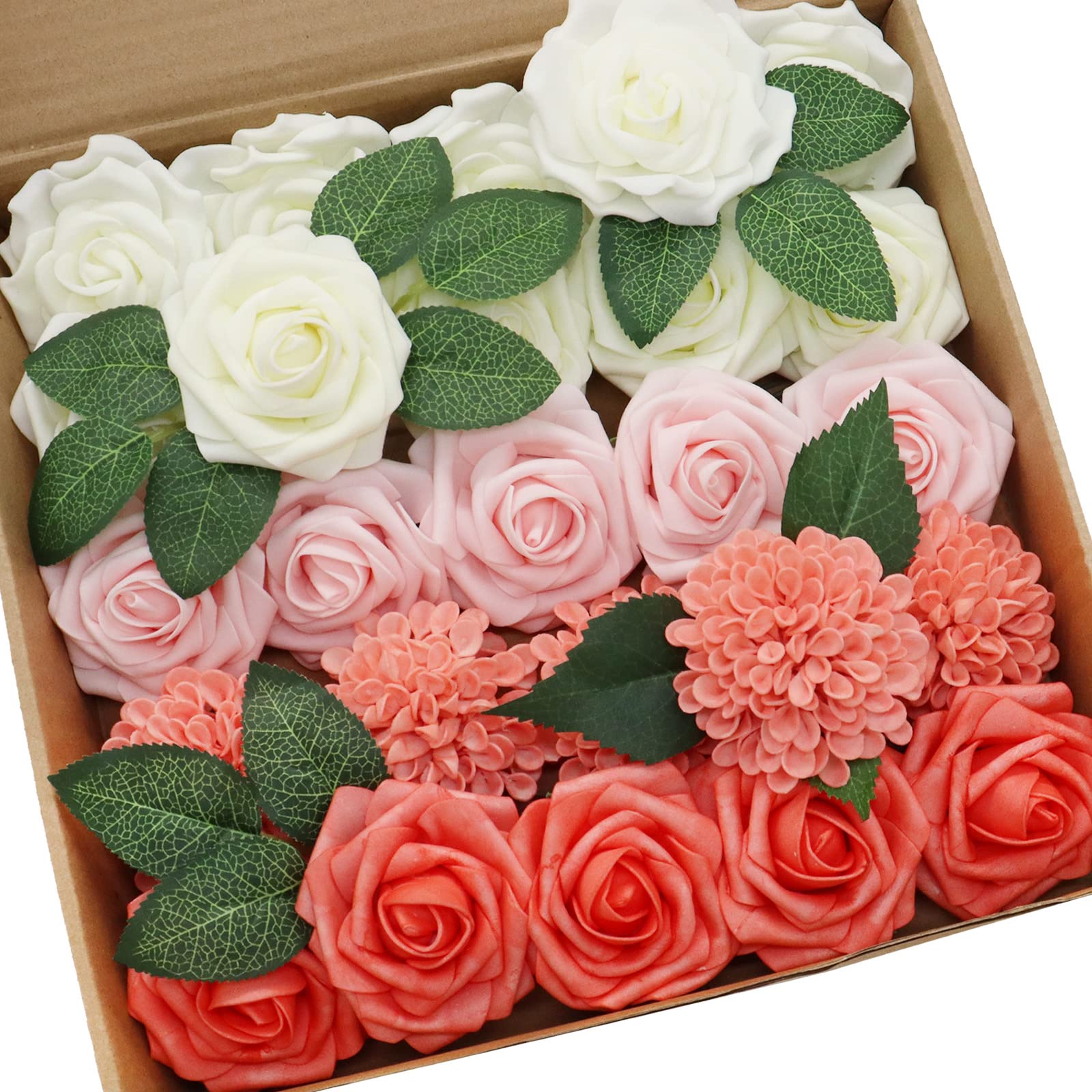 Artificial Flowers Combo - Mixed Silk Flowers with Stems for DIY Wedding Bouquets, Centerpieces, Baby Shower Decor, Home & Party Decorations (Ivory & Living Coral) - Perfect for Wedding, Bridal Shower, Table Arrangements & Indoor Decoration