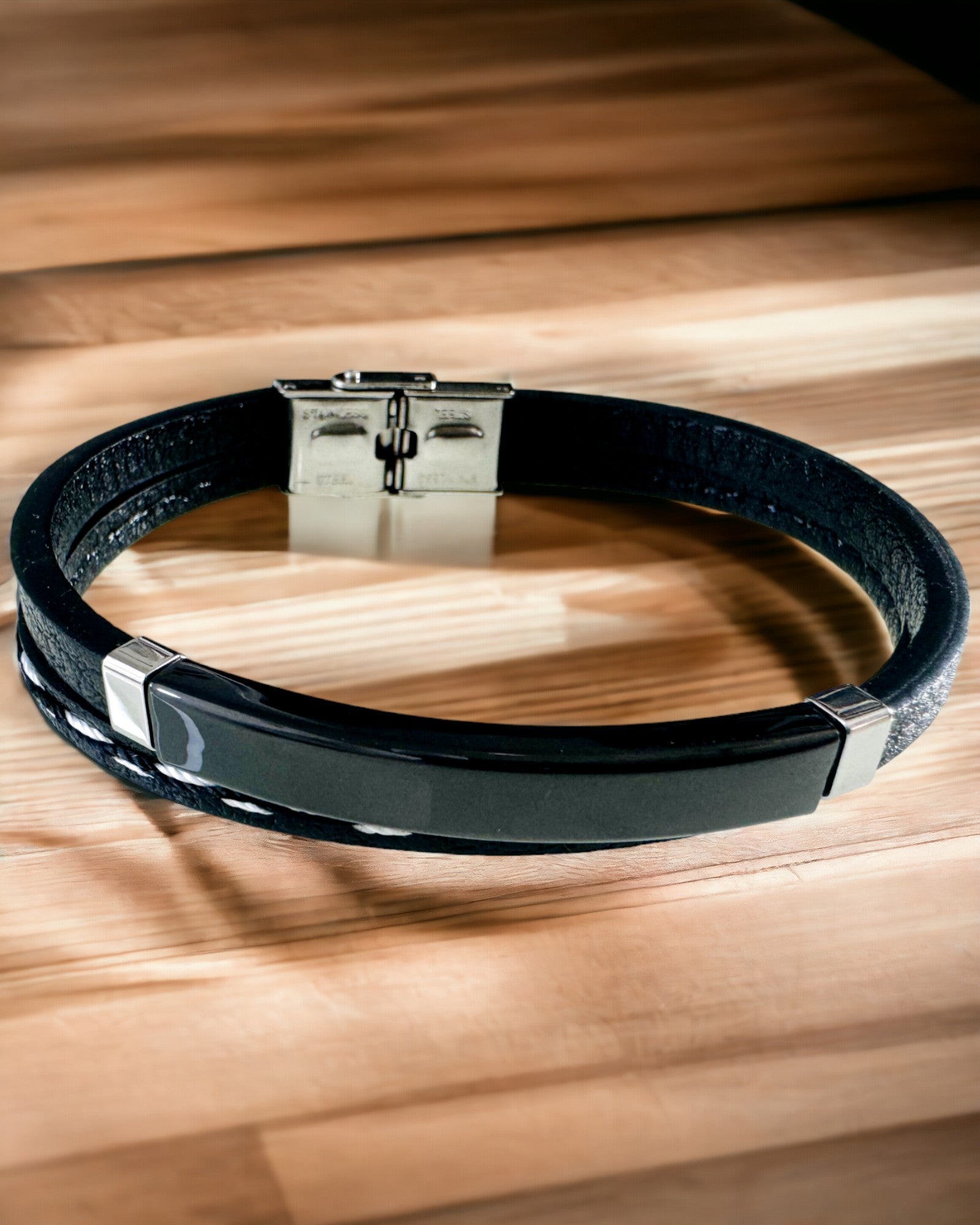 Custom Engraved PU Leather & Stainless Steel Sports Bracelet for Men - 3 Color Options | Gym, Running, Fitness & Everyday Wear