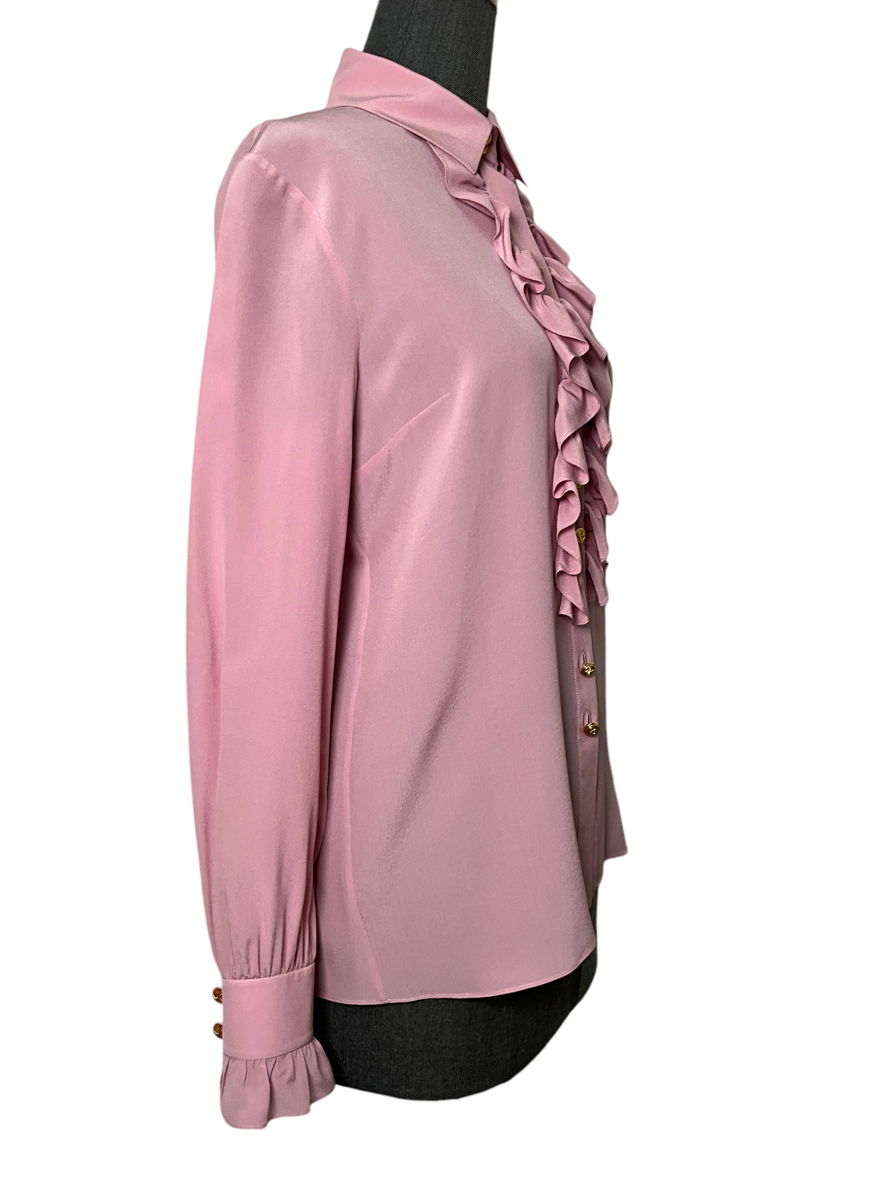 GUCCI Silk de Chine Ruffled Button Down Blouse - Women's Size S, Elegant & Chic for Office Wear & Special Occasions