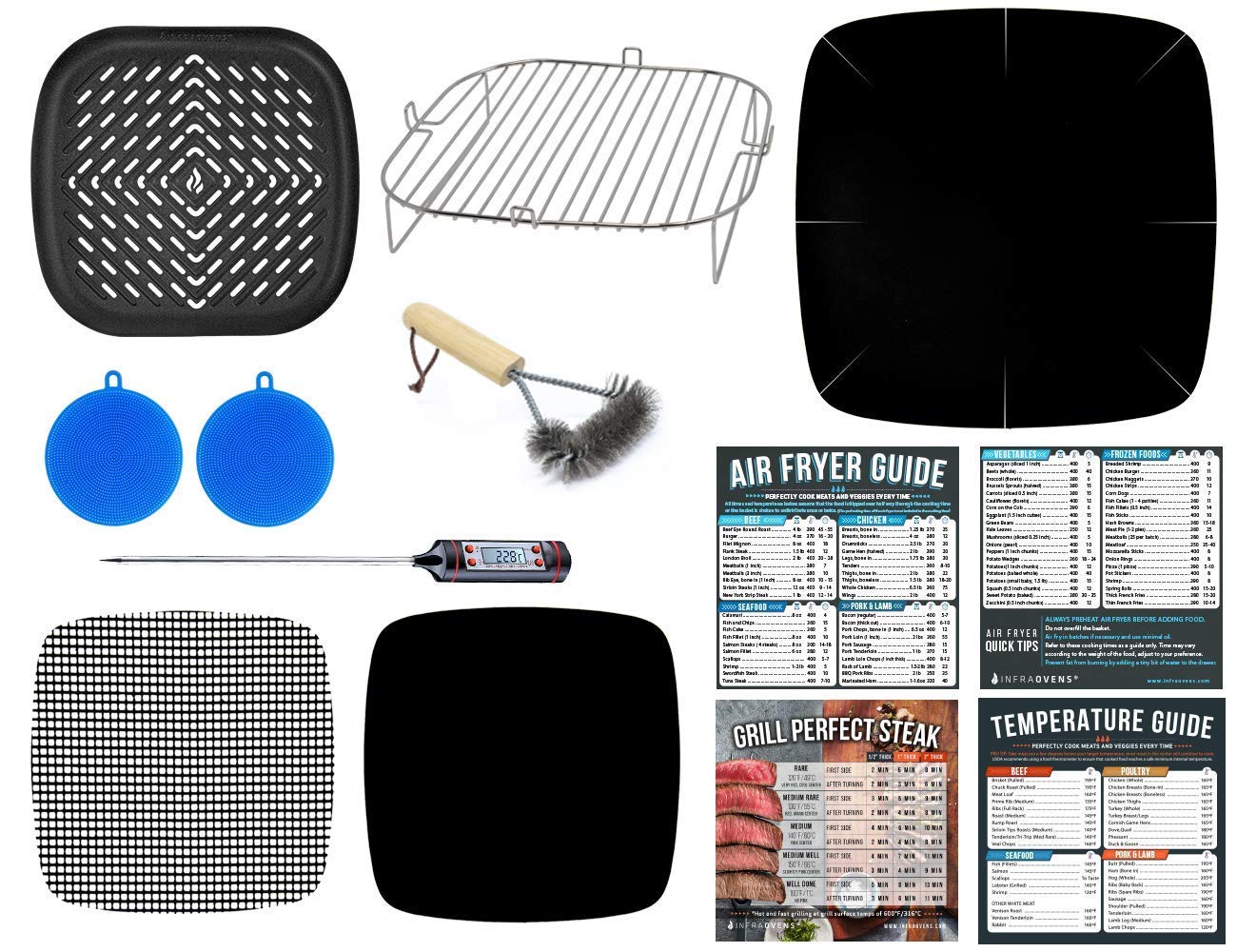 12-Piece Air Fryer Accessories Set with Rack, Grill Pan & Cheat Sheet - Compatible with Chefman, Cosori, Dash, Nuwave®, Emeril Lagasse - Perfect for Cooking, Roasting & Air Frying - Includes Square Basket Liners for Easy Cleanup