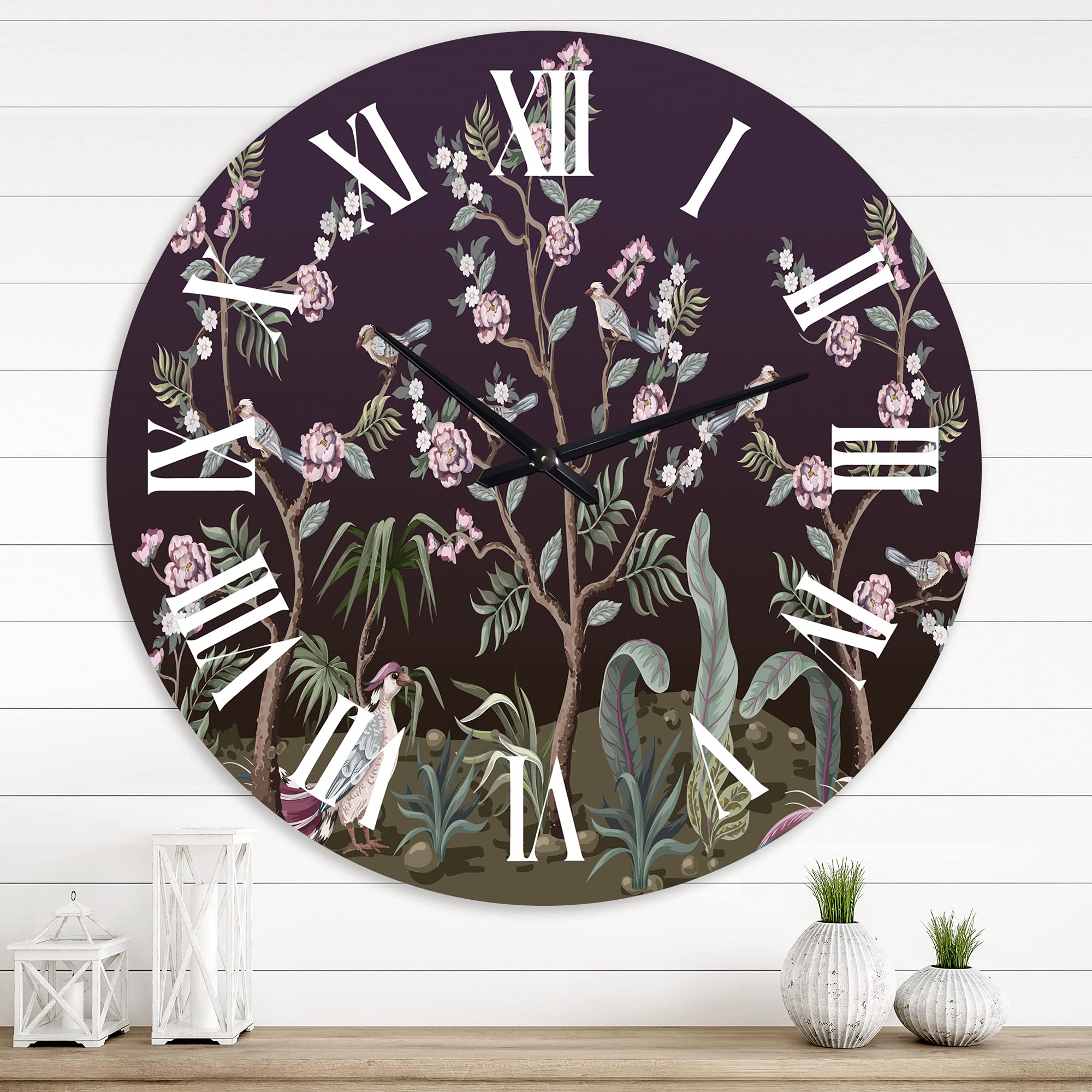 DesignQ Traditional Wall Clock - Chinoiserie Style with Birds & Peonies - Large Decorative Clock for Kitchen, Living Room, Bedroom & Office - Vintage Home Decor & Unique Gift Idea