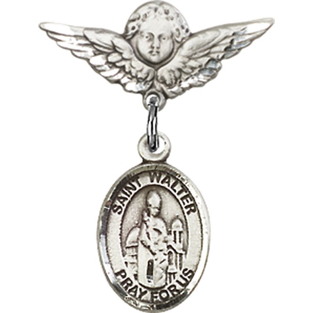 St. Walter of Pontnoise Sterling Silver Baby Badge with Angel Wing Charm - 7/8 X 3/4 Inch Religious Pin for Christening, Baptism & First Communion Gifts