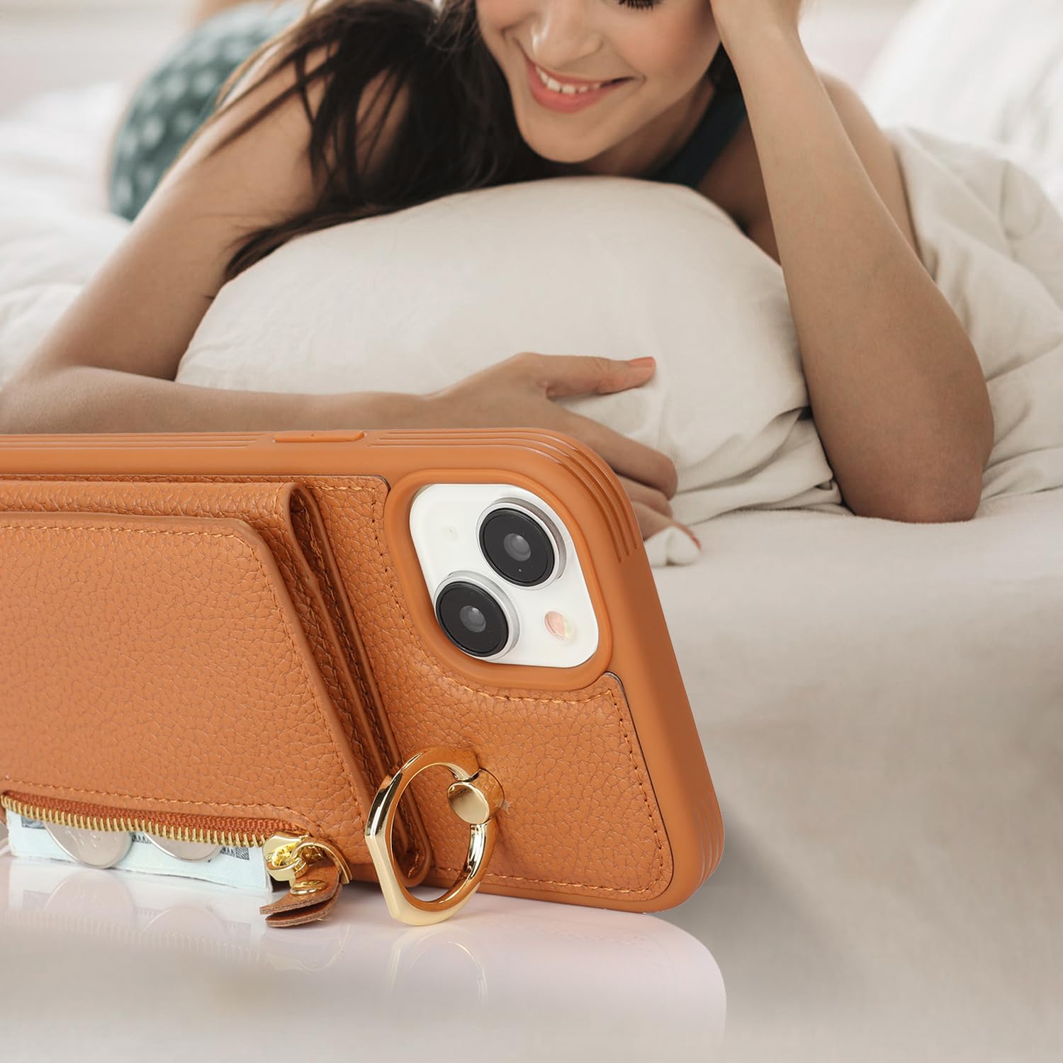 Premium PU Leather iPhone 15 Plus Case with Card Holder & Crossbody Strap - Wallet Phone Case with Zipper Pocket & Stand Ring (Brown) | Perfect for Women's Everyday Use, Travel & Hands-Free Convenience