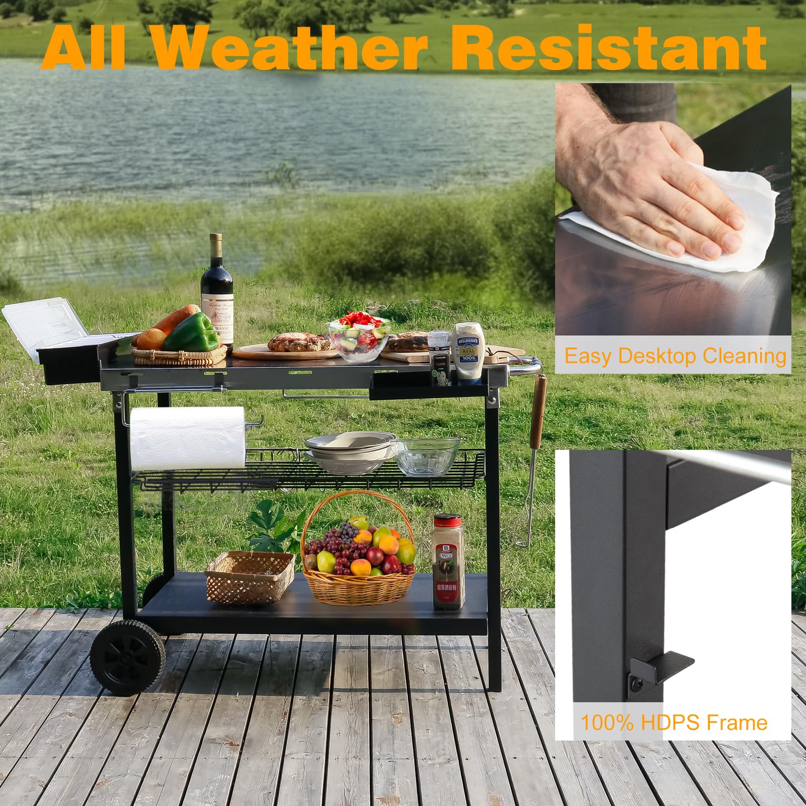 Premium Stainless Steel Outdoor Grill Cart with Wheels - Heavy Duty BBQ Prep Table for Backyard, Patio & Camping - Perfect for Grilling, Smoking & Outdoor Cooking Accessories