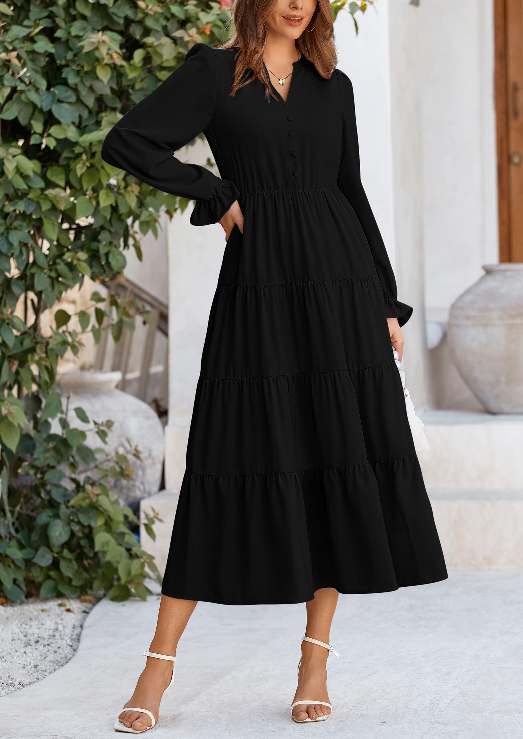 PRETTYGARDEN Women's Long Sleeve V-Neck Maxi Dress - Flowy Tiered Ruffle A-Line Cocktail Party Dress for Spring & Fall | Perfect for Weddings, Date Nights & Special Occasions