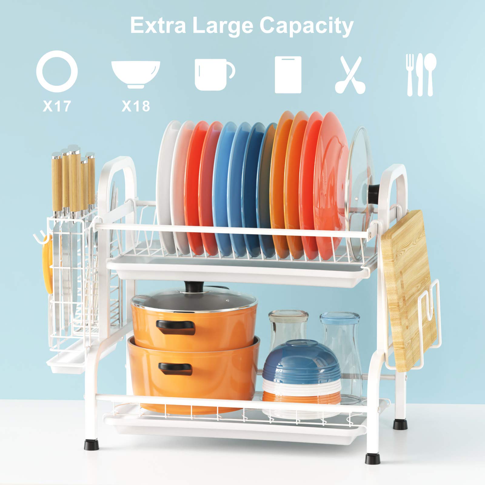 iSPECLE 2-Tier Stainless Steel Dish Drying Rack with Utensil Holder & Cutting Board Storage | Premium 304 Steel Kitchen Counter Organizer | Space-Saving Dish Drainer for Small Kitchens & Apartments