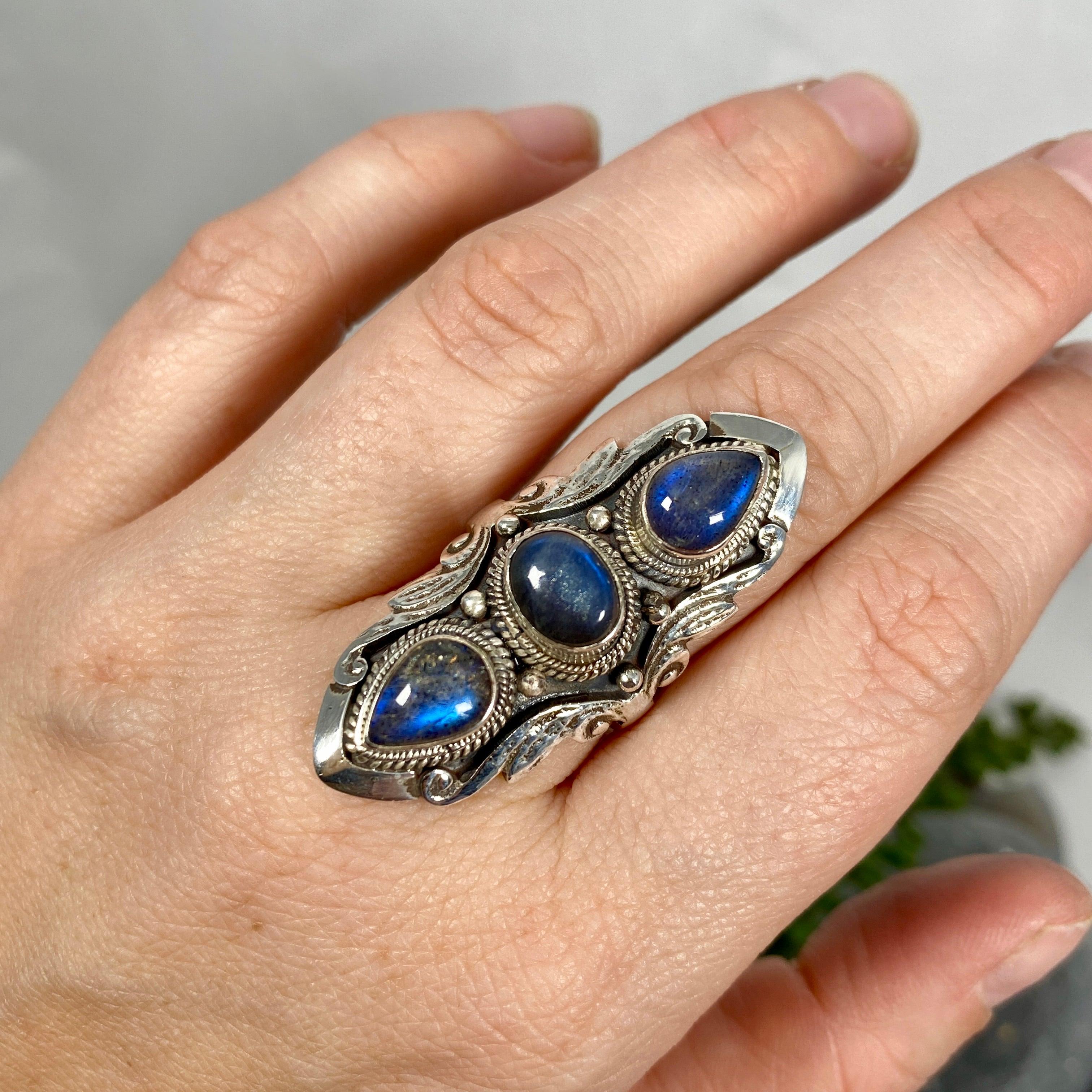 Boho Style Labradorite Multi-Stone Ring Size 7.5 - Handmade Sterling Silver Adjustable Statement Jewelry for Women, Perfect for Festivals, Weddings & Boho Fashion