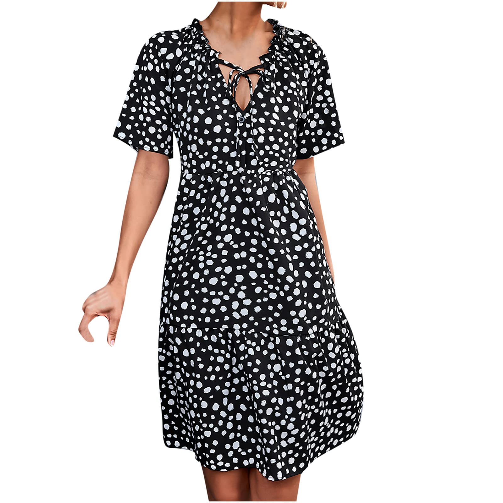 Women's Summer Dresses 2023 - Sexy Casual Short Sleeve V-Neck Floral Print Ruffled Swing Dress with Belt & Side Slit | Perfect for Beach Vacations, Date Nights & Summer Parties