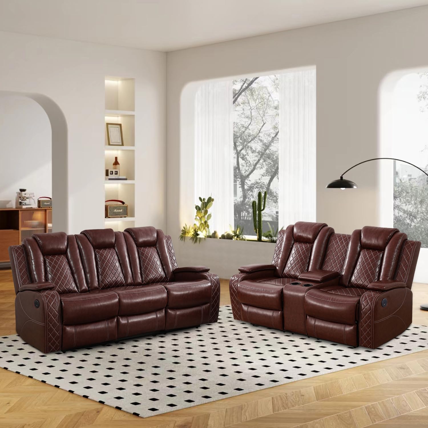 Power Reclining Sofa Set with USB Ports - Genuine Leather Recliner Couches for Living Room, Apartment, Office & Home Theater - Burgundy 3-Piece Set (Sofa + Loveseat) - Perfect for Movie Nights, Family Gatherings & Relaxing After Work