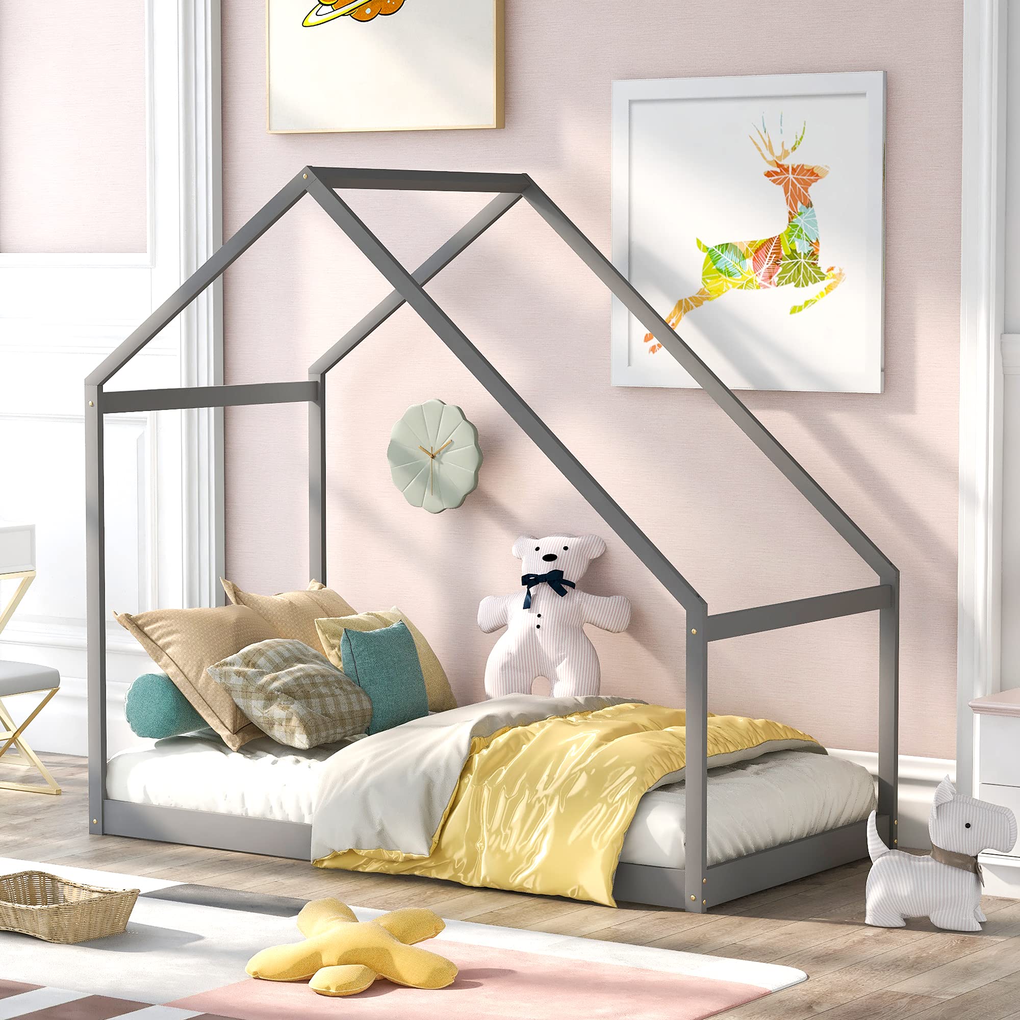 SOFTSEA Twin House Platform Bed Frame - Low Profile Floor Bed for Toddlers & Kids - Easy Assembly - Perfect for Small Rooms, Playrooms & Montessori Style Bedrooms