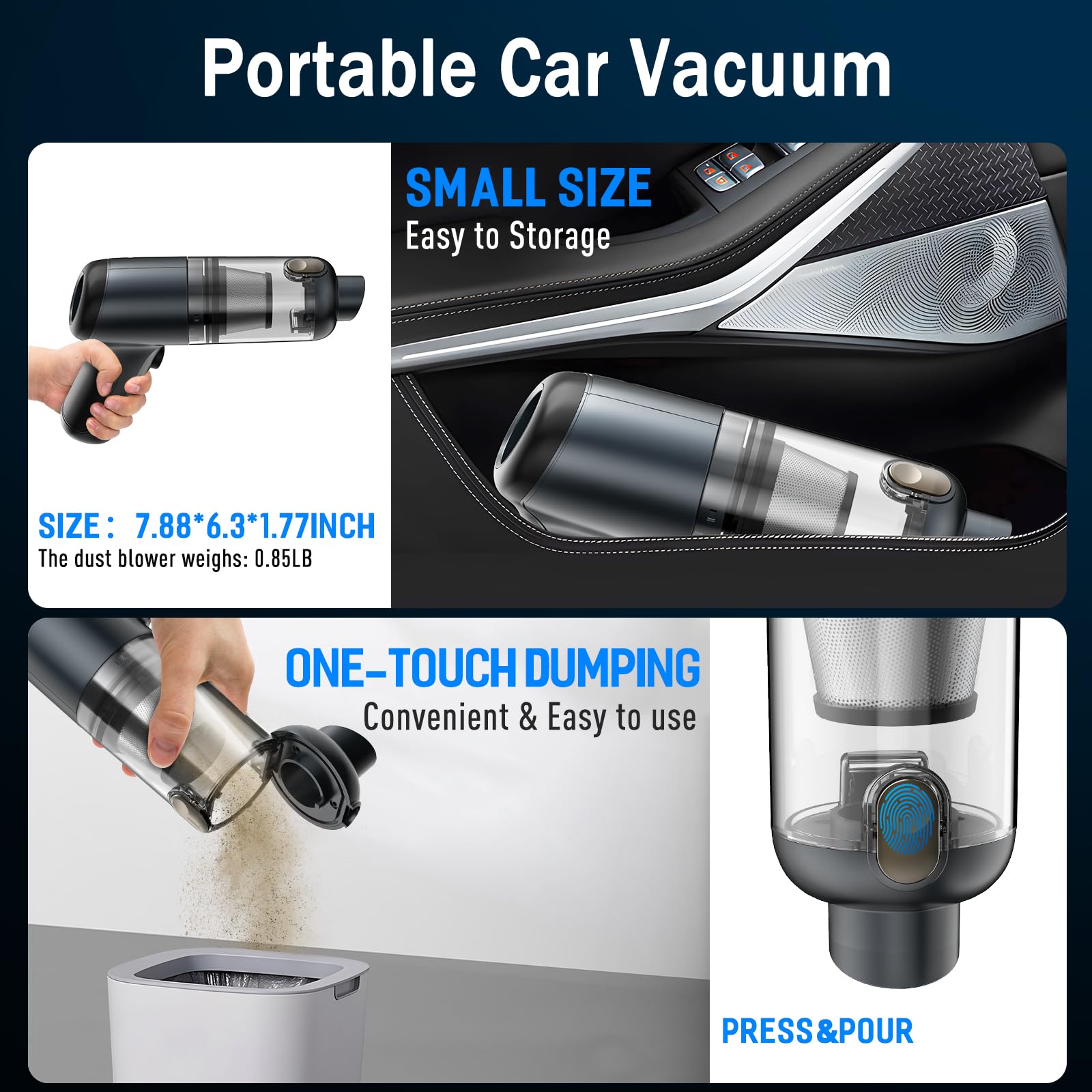 3-in-1 Cordless Handheld Car Vacuum Cleaner 12000Pa High Power - Portable Rechargeable Mini Vacuum with Brushless Motor & 2 Speed Settings - Perfect for Car, Home, Keyboard Cleaning & Pet Hair Removal