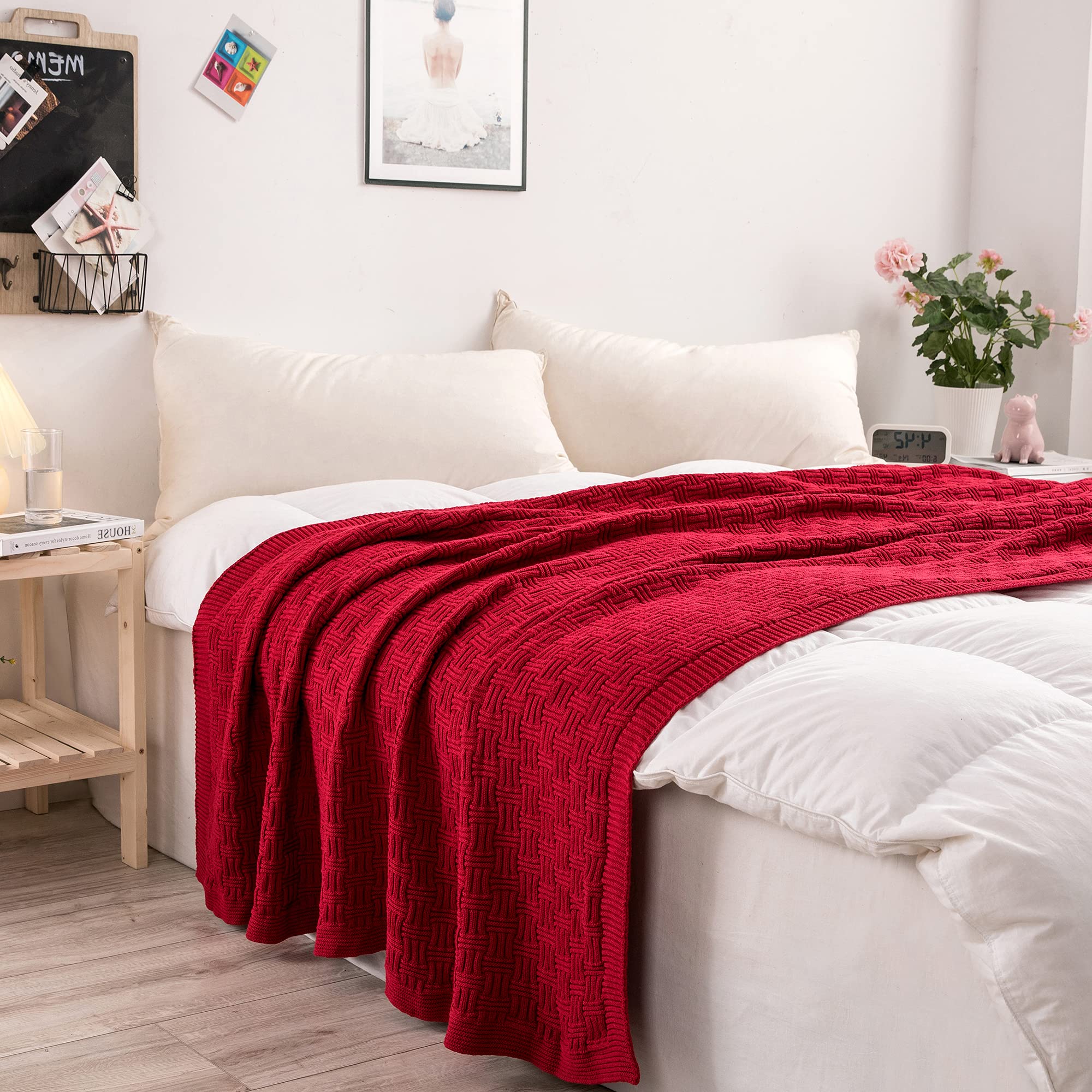 Soft Red Cable Knit Throw Blanket - 50x60 Inch Cotton Knitted Blanket for Couch, Sofa, Bed & Beach - Cozy Lightweight Decorative Blanket for Home, Travel & Outdoor Use