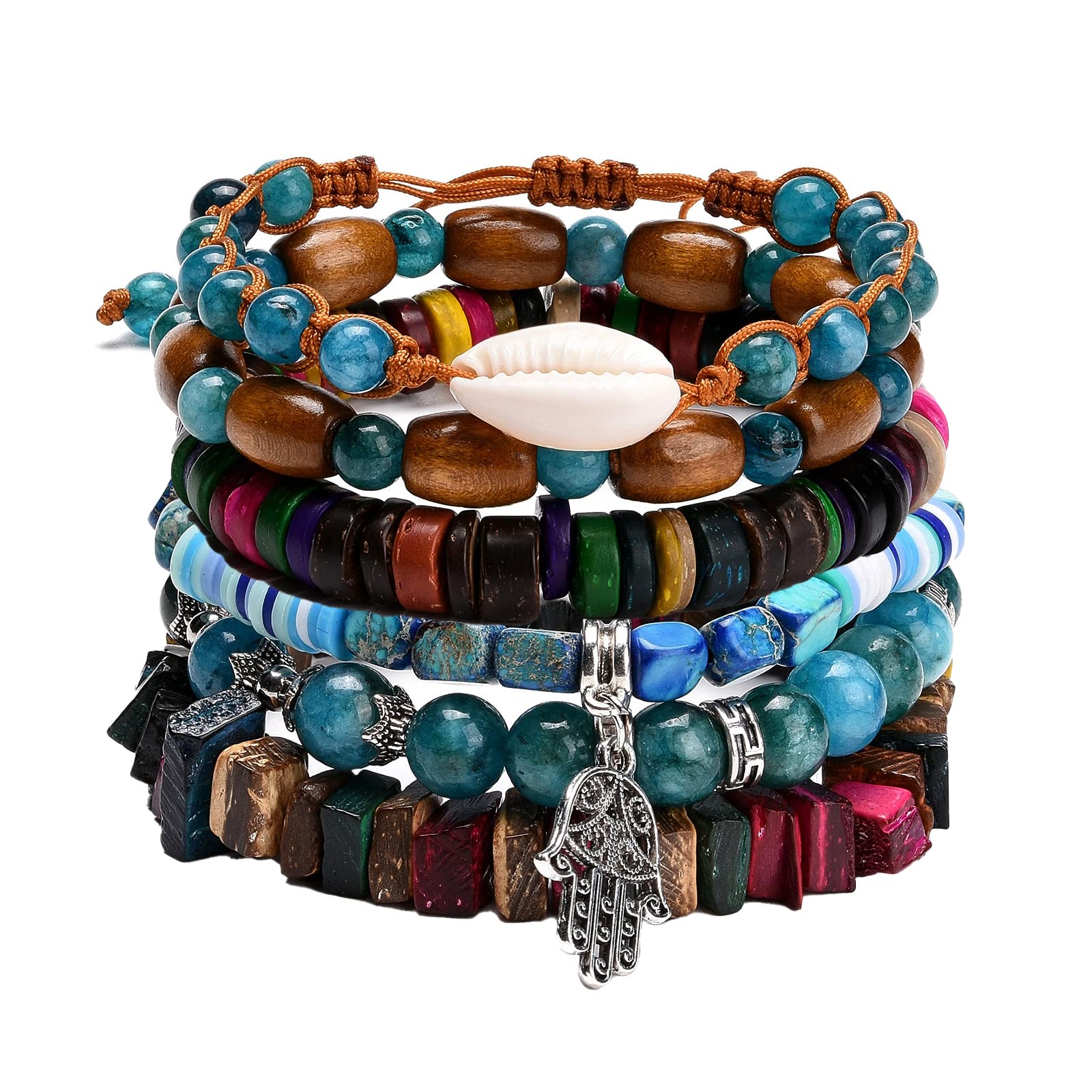 Bohemian Stackable Braided Bead Bracelets for Women - 6 Sets Natural Stone, Wooden Beads & Cowrie Shell Stretch Bracelets, Multicolor Jewelry for Casual Wear, Beach Vacation & Festival Accessories