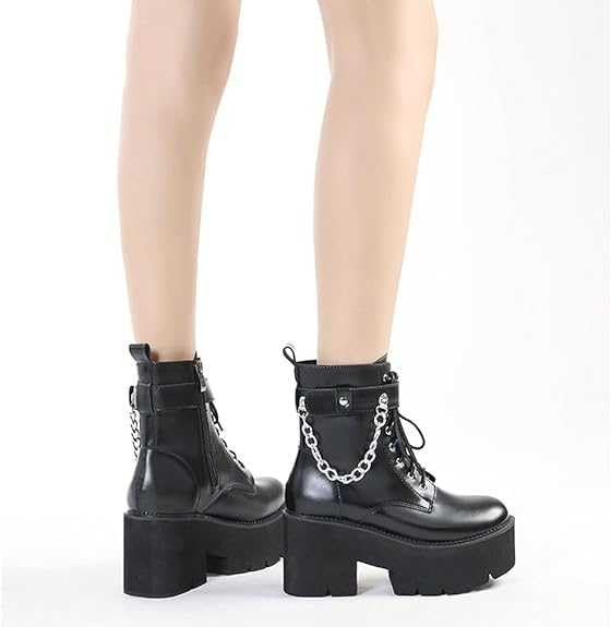 Gothic Women's Platform Motorcycle Boots - Mid Calf Black Patent Leather Goth Boots for Biker Fashion & Alternative Style | Perfect for Concerts, Nightclubs, and Motorcycle Riding