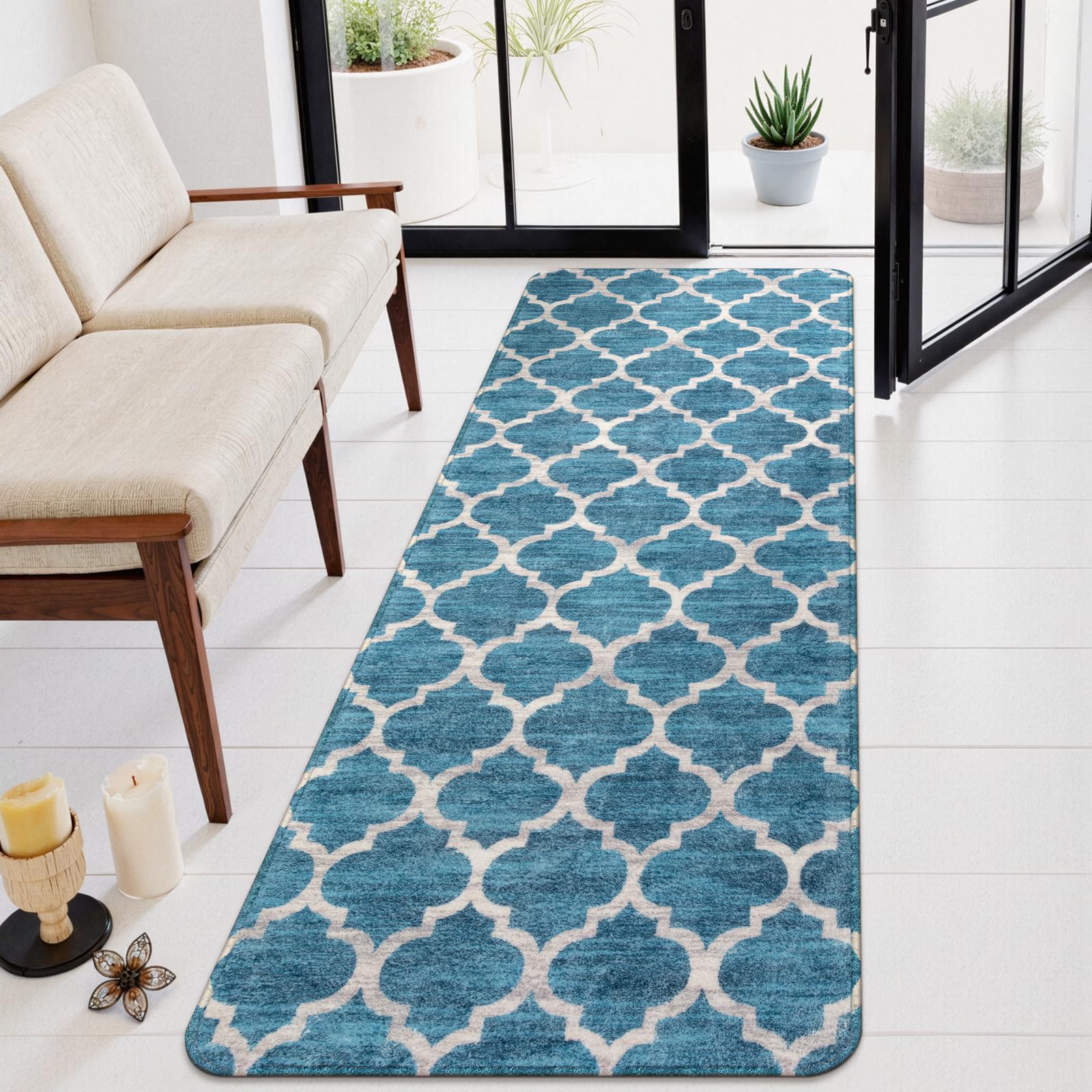 Lahome Moroccan Runner Rug 2x6 Feet - Non-Slip Washable Hallway Rug for Kitchen, Laundry Room, Entryway, Bedroom & Bathroom - Soft Blue Boho Carpet for Home Decor (2' x 6')