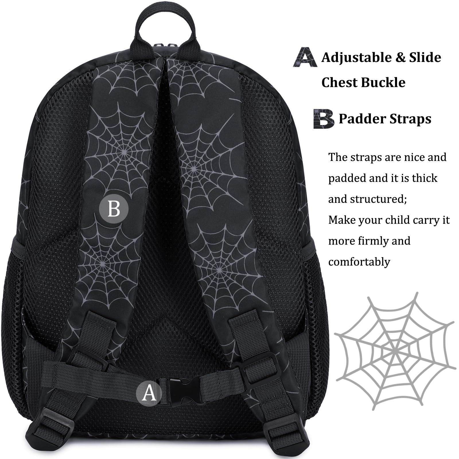 **JIANYA Spider Toddler Backpack for Boys & Girls - Lightweight Mini Kids Backpack with Adjustable Chest Strap - Cute Preschool Backpack for Daycare, Travel & Outdoor Adventures (Black)**