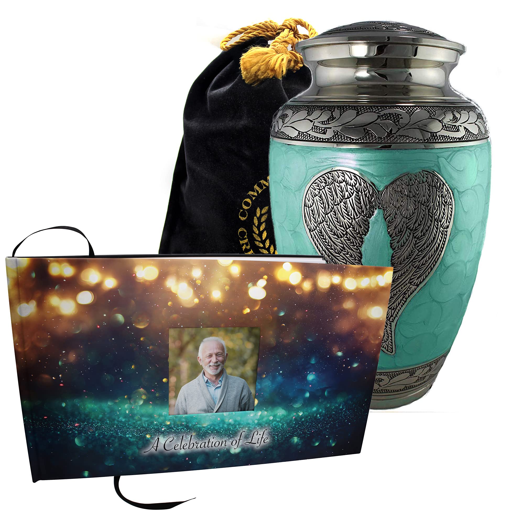 Eco-Friendly Green Loving Angel Cremation Urn for Adult Ashes - Matching Funeral Guest Book Included | Memorial Keepsake for Home Display & Funeral Services