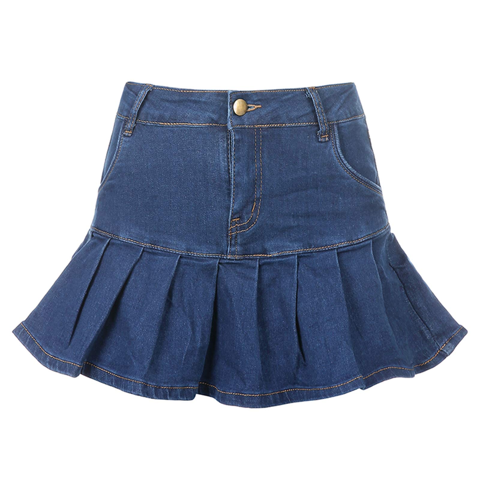 Y2K Pleated Denim Mini Skirt for Women - Low Waist A-Line Flared Jean Skirt with Ruffle Detail | Casual Streetwear & Summer Outfit Essential | Perfect for Parties, Dating, and Night Out Fashion