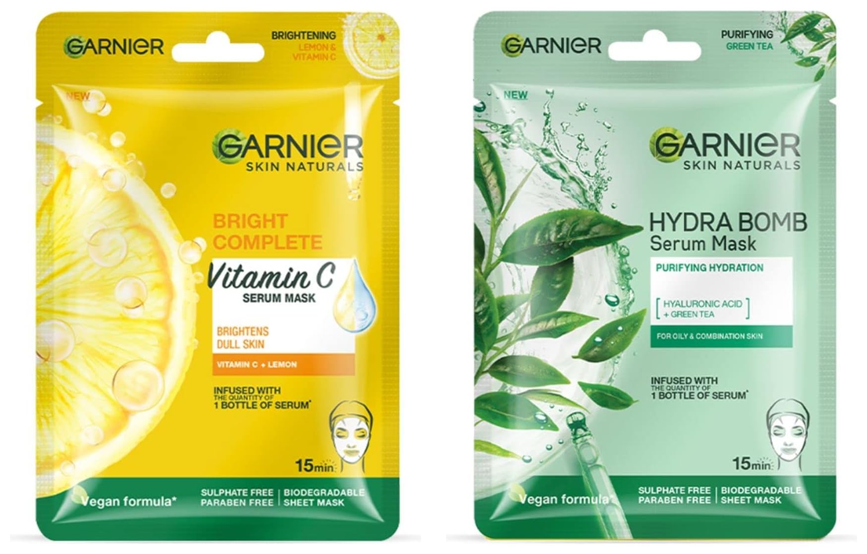 Garnier Skin Naturals Green Tea & Light Complete Face Serum Sheet Masks Set - Green Tea (32g) & Brightening (30g) | Hydrating & Glow-Boosting Korean Skincare for Dry & Dull Skin | Perfect for Spa Night & Self-Care Routine