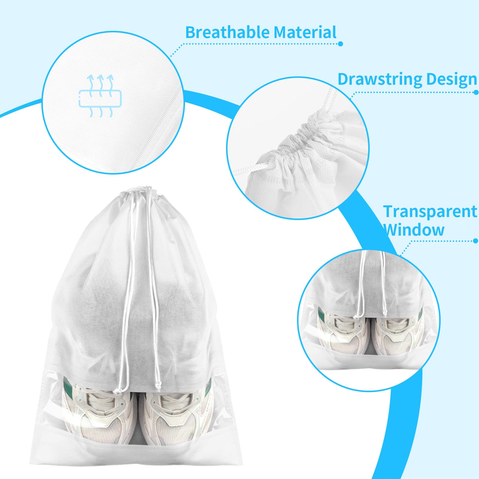 12 Pack Large Clear Window Shoe Bags for Travel - Dustproof Drawstring Shoe Storage Organizers for Men & Women (White) - Perfect for Packing Shoes, Gym Bags & Suitcase Organization
