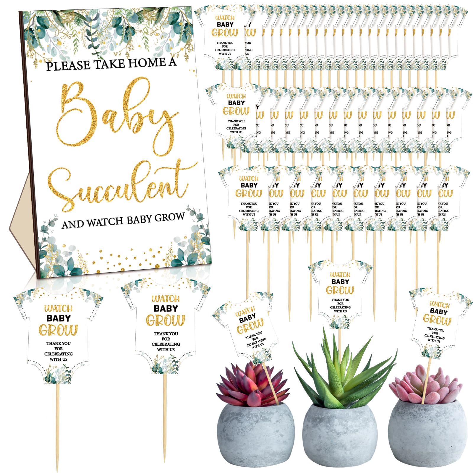 51 Pcs Baby Shower Succulent Favor Tags Set - Greenery Style Watch Baby Grow Plant Tags with Wooden Table Sign - Perfect for Baby Shower Decorations, Party Favors, and Gender Reveal Events