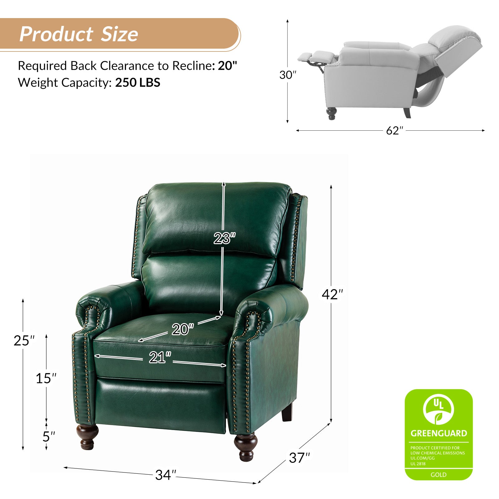 Mid Century Modern Genuine Leather Recliner Chair - Consuela Handcrafted Lounge Chair for Living Room, Office & Home Theater
