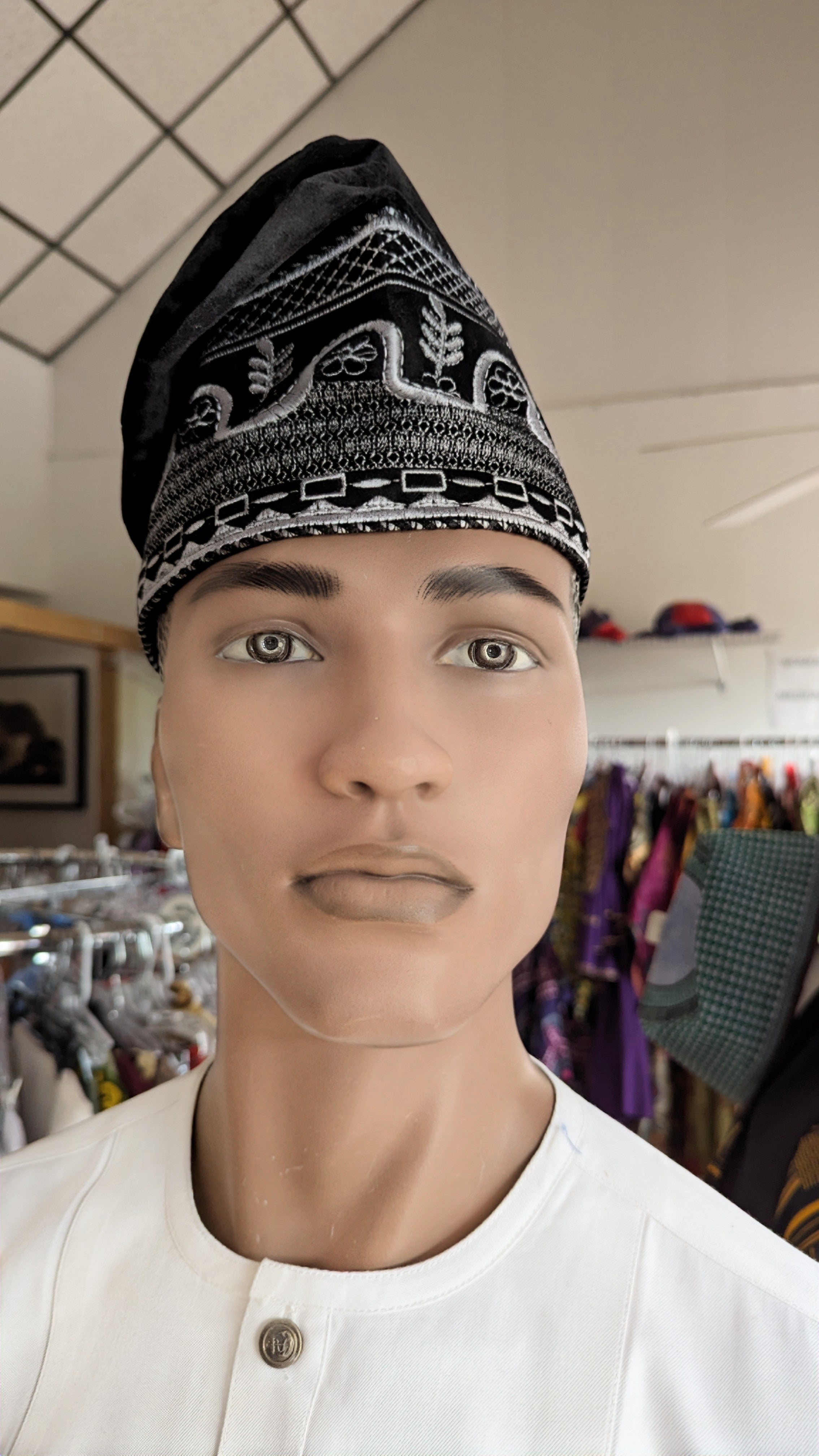 Stylish Nigerian Fila Velvet Kufi Cap in Black & Silver - Traditional African Hat for Men - Perfect for Weddings, Cultural Events & Everyday Wear