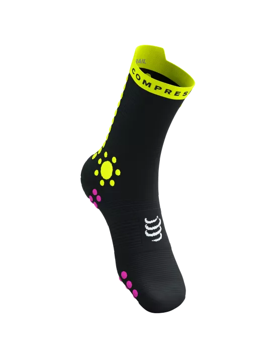 Compressport Unisex Pro Racing Socks v4.0 - Trail Running Socks for Men & Women - Breathable, Cushioned Performance Socks - Black/Safe Yellow/Neo Pink - Ideal for Marathon, Hiking & Outdoor Sports